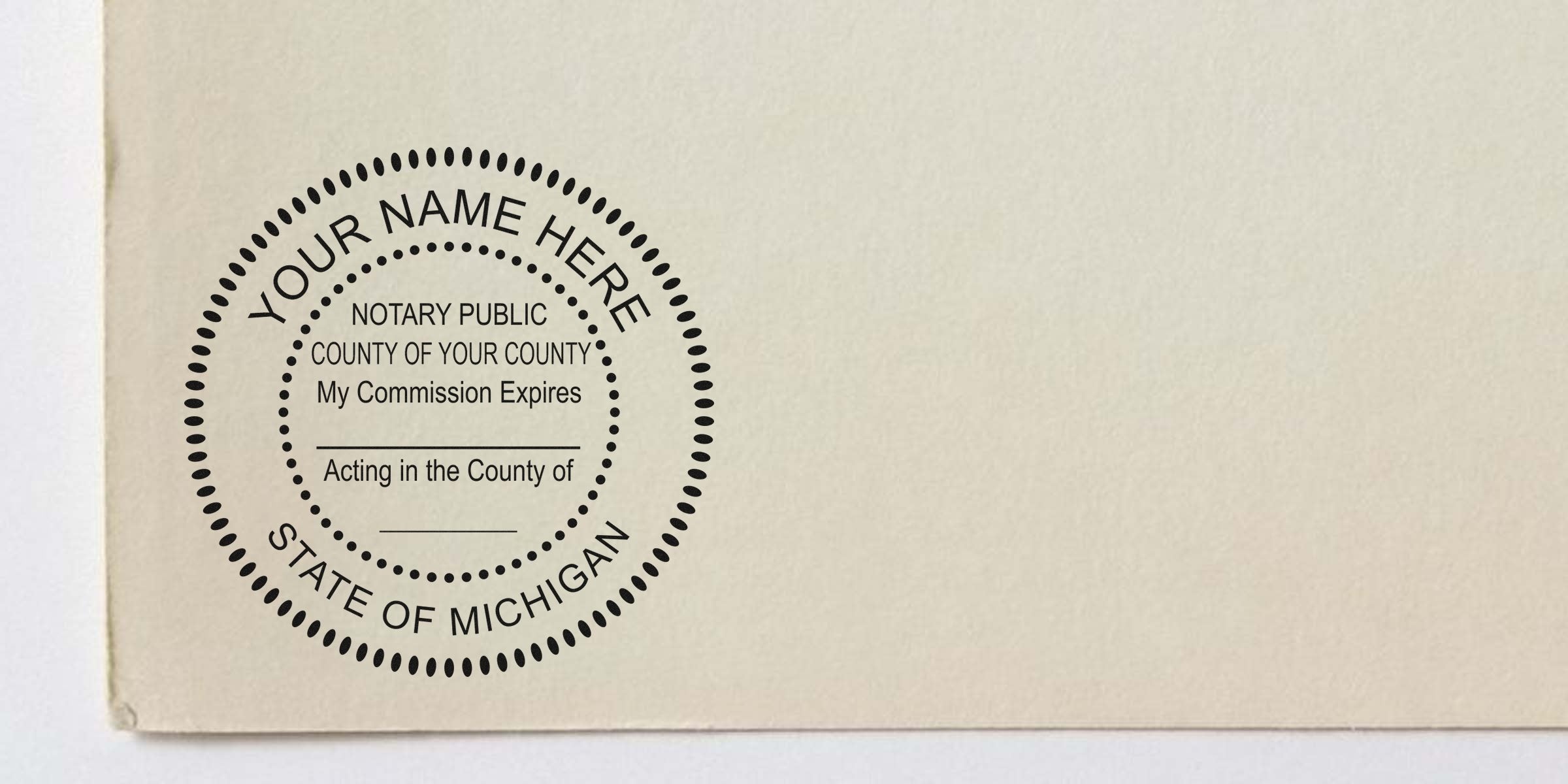 Michigan notary public stamp on beige paper with customizable name and county, part of affordable Michigan notary supplies and tools.