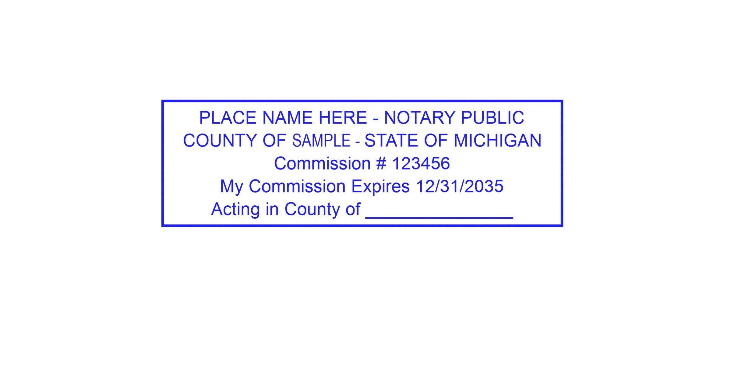 Sample Michigan notary stamp with commission number and expiration date – your key resource to Become a Notary in Michigan, as detailed in the Michigan Notary Guide.