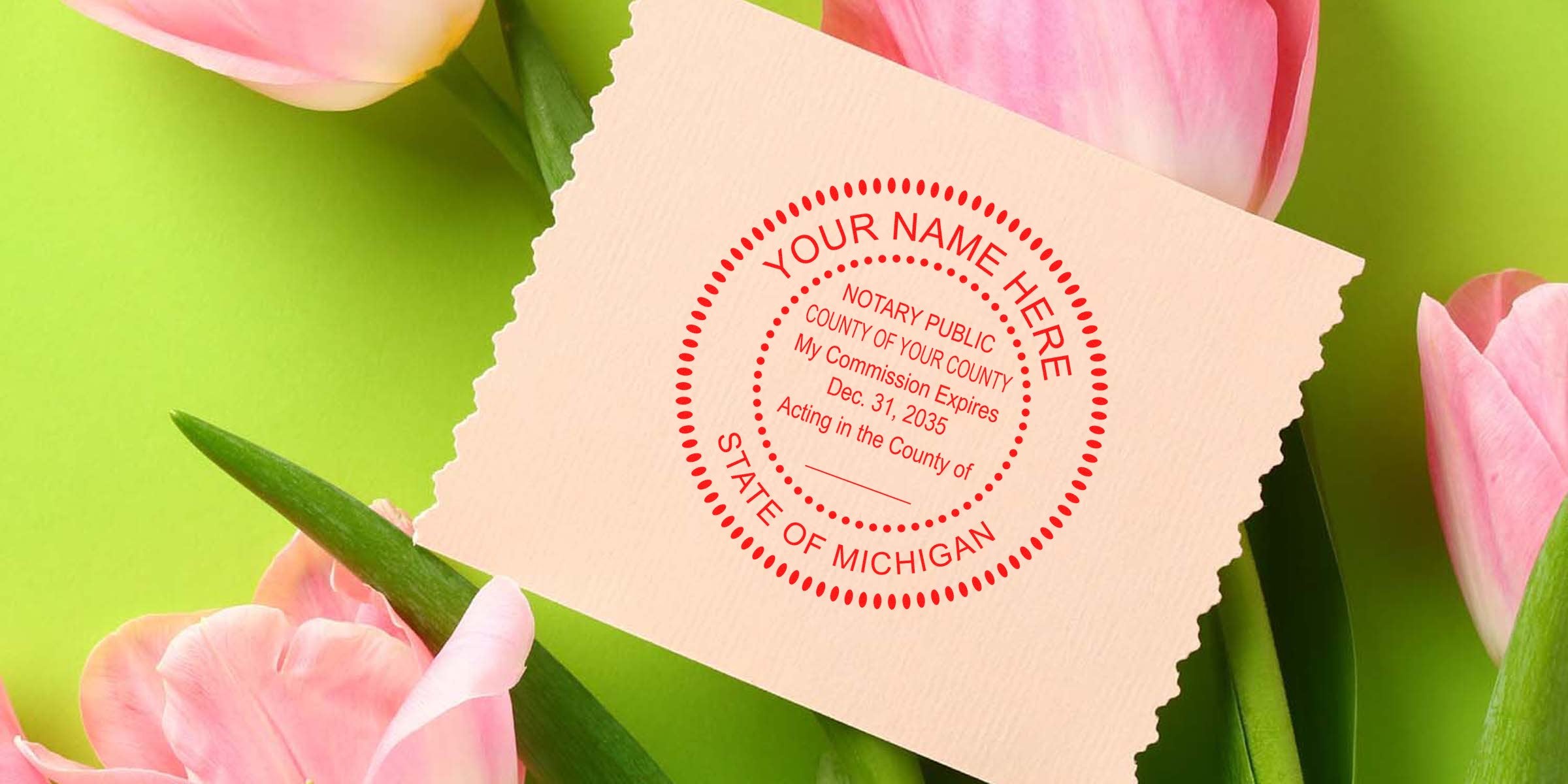 Michigan Notary Public stamp on paper with pink tulip background, perfect for Notary Stamp Purchase.