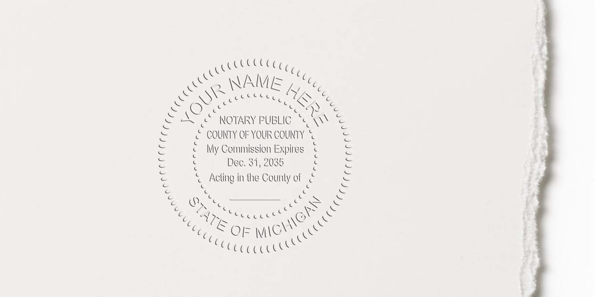 Michigan notary public embossed seal on white paper, with Michigan notary stamp and self-inking stamp for official document verification.