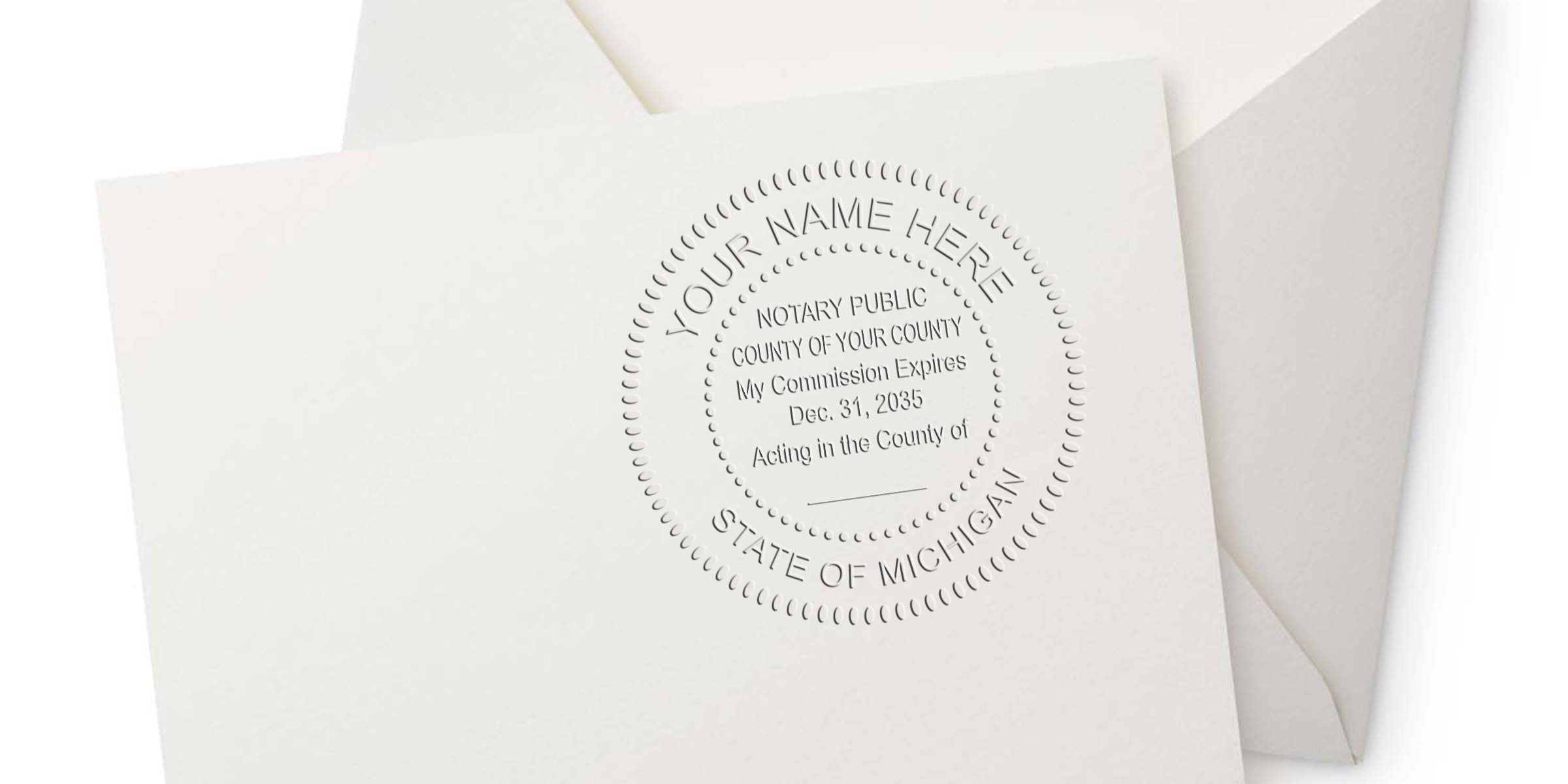 Michigan notary seal embossed on white paper with envelope, featuring official Michigan notary seal and commission certificate, highlighting the top Michigan notary seal.