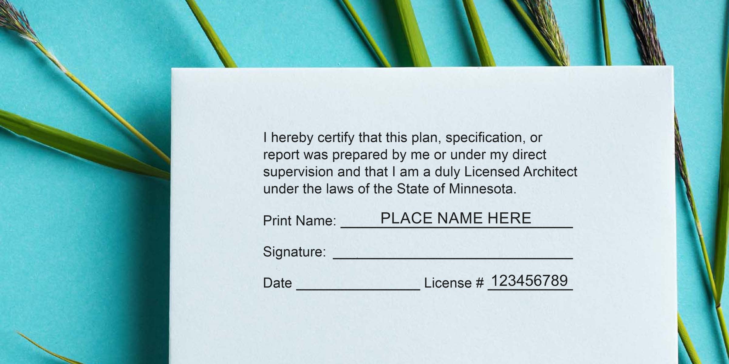 Licensed architect certification form with Minnesota architect stamps, seals, signature, and license number on a blue background with green plants.