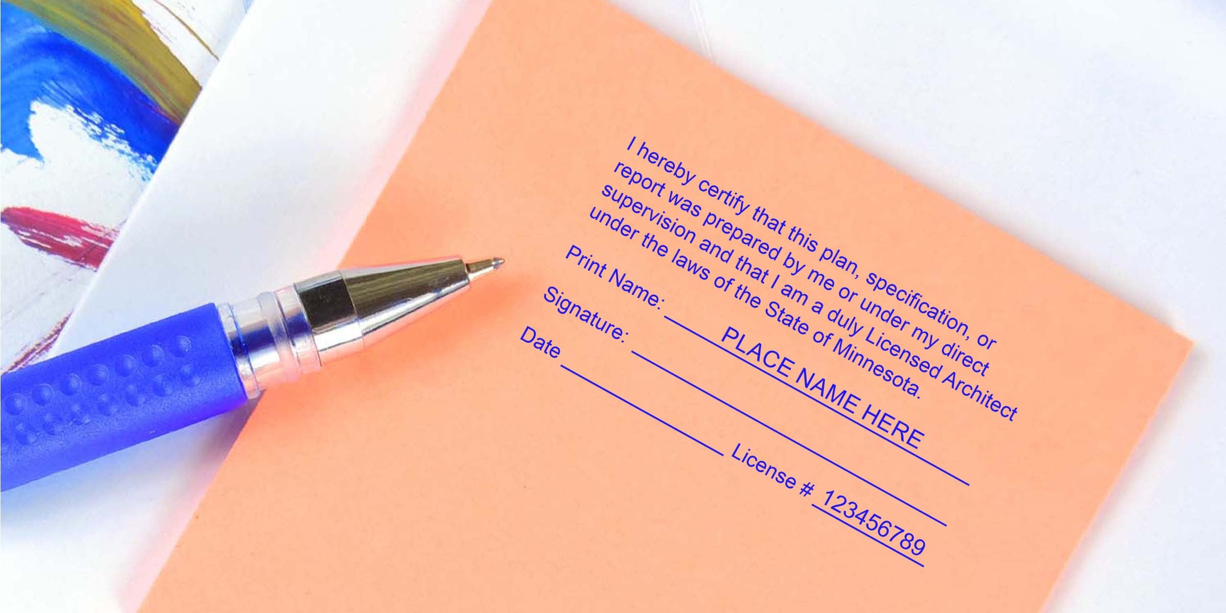 Blue pen on a Minnesota architect license form, emphasizing Architect Stamp Laws and Minnesota Architect Regulations.