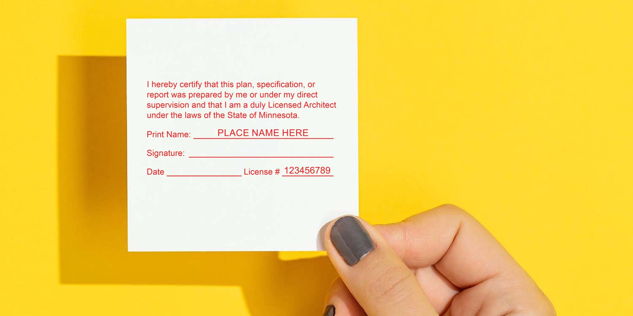 Hand holding licensed architect certification form with Minnesota license number on yellow background, showing Minnesota architect seal embosser, emphasizing the importance of choosing the right architect seal embosser.