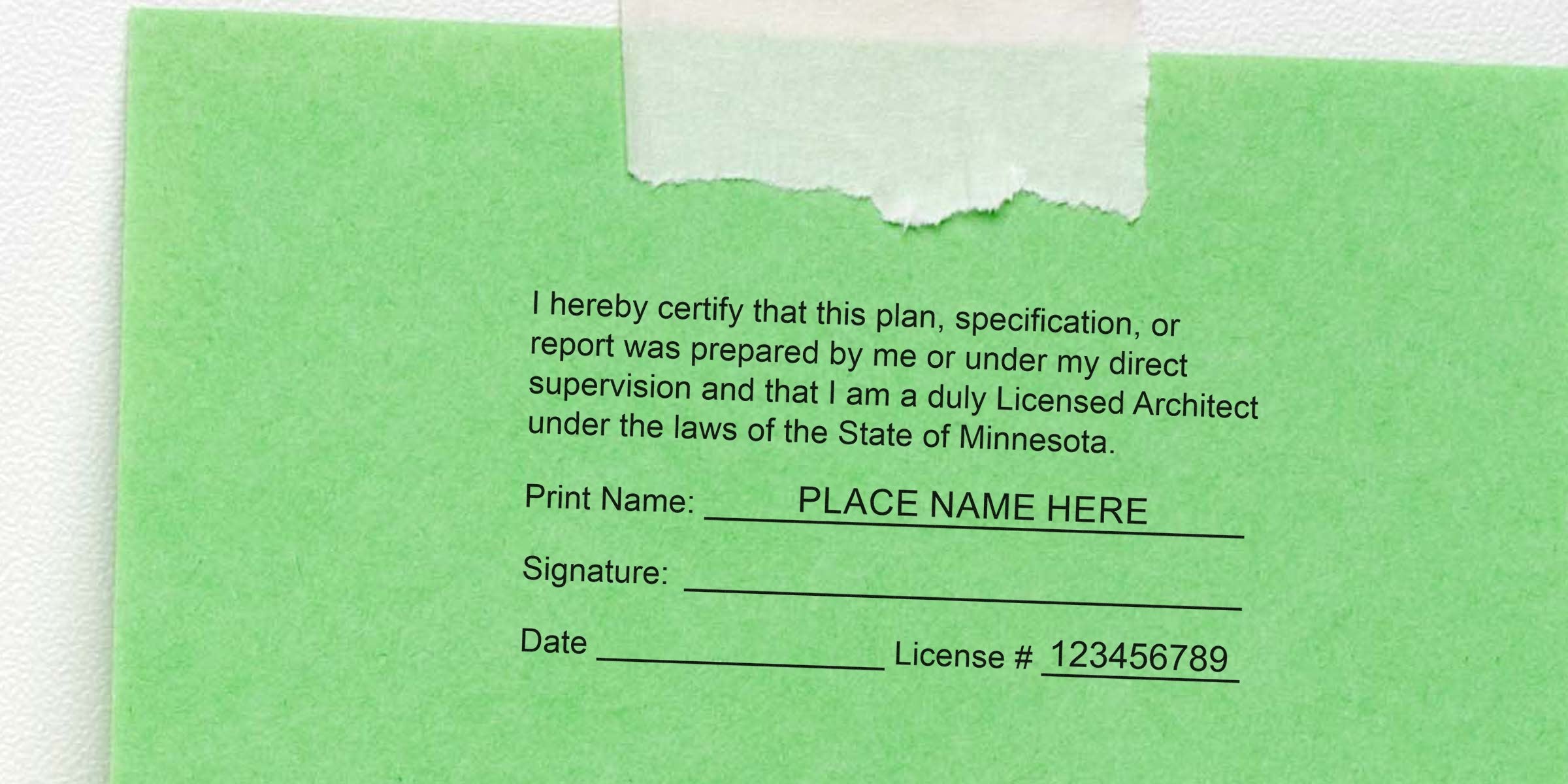 Licensed architect certification form with signature, license number, and custom Minnesota architect stamp, including personalized MN stamp for architectural plans.