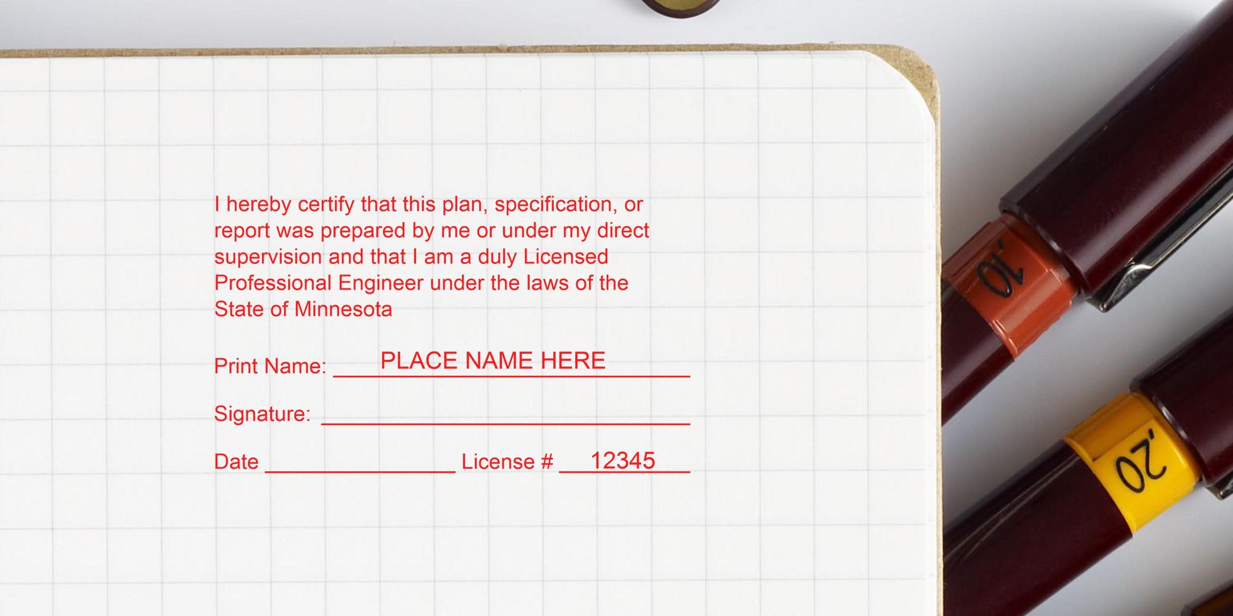 Professional engineer license form on grid paper with signature, date fields, Minnesota engineer stamp, meeting stamp requirements, and engineering pens.