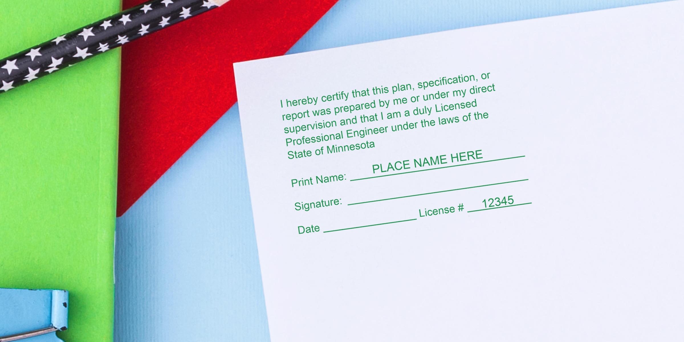 Professional engineer certification form with Minnesota and Custom Engineer Stamp fields, license number, and signature areas on a colorful background.