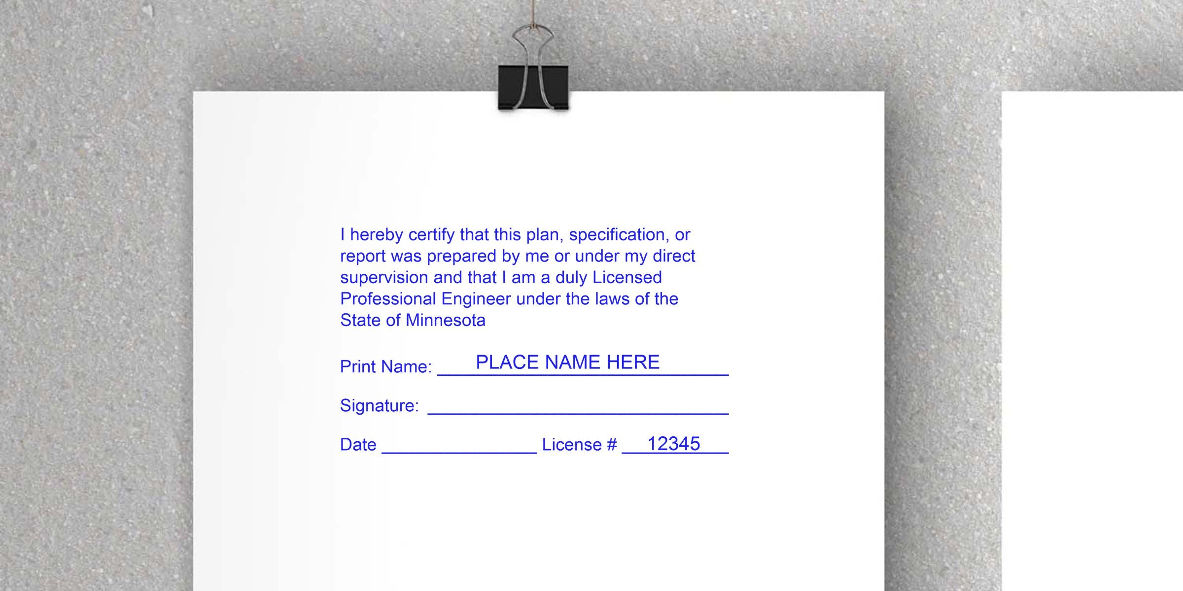 Licensed professional engineer certification form with Minnesota PE Stamp, signature, and license number, meeting PE Stamp Guidelines for Minnesota engineering projects.
