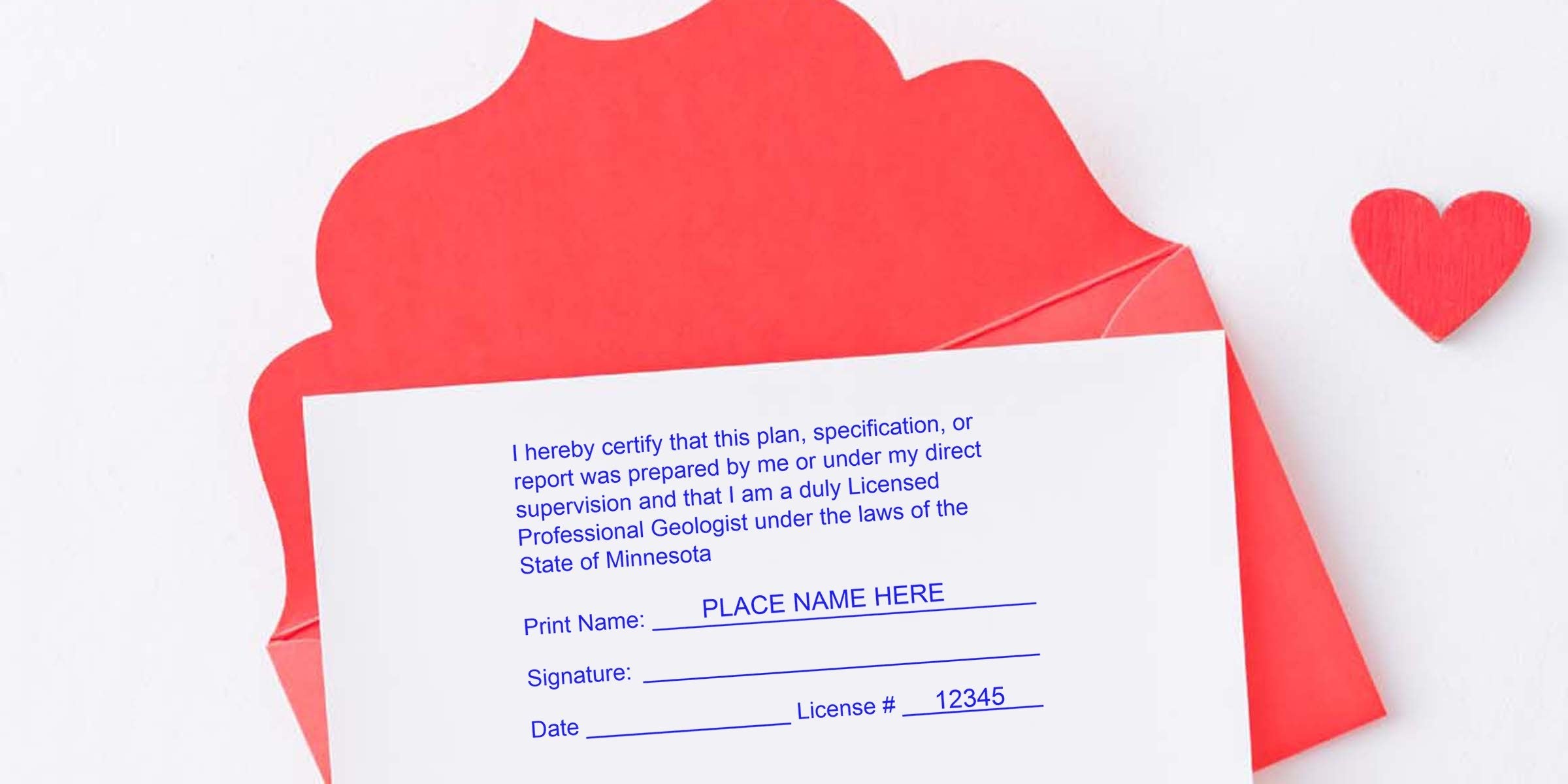 Red envelope with professional geologist certification form, heart symbol, Minnesota geologist stamp, and online application for licensed geologist verification.