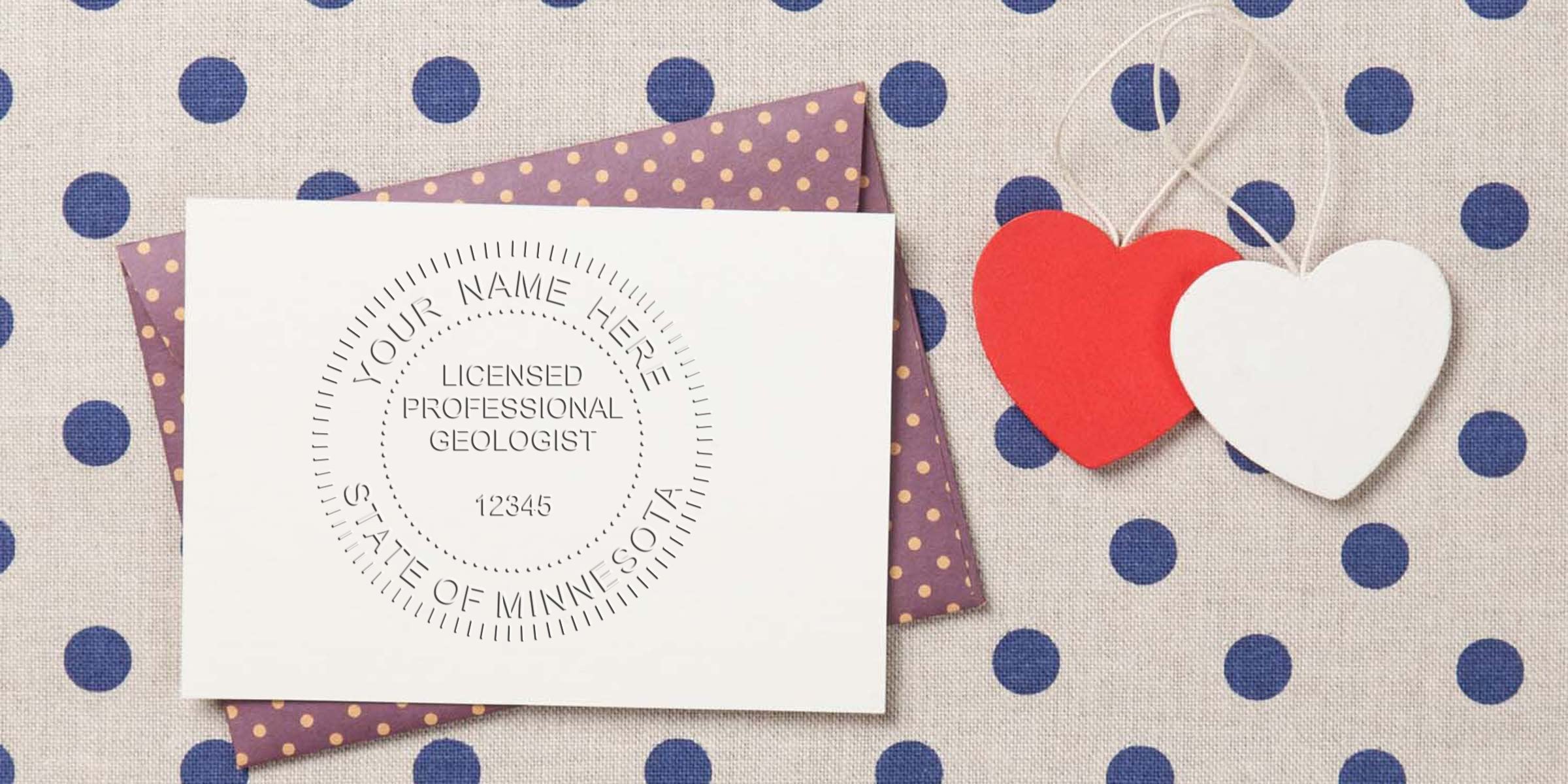 Minnesota Geologist Seal on white card with purple polka dot envelope, red and white hearts on blue polka dot fabric, showing licensed professional geologist seal and purchase options.