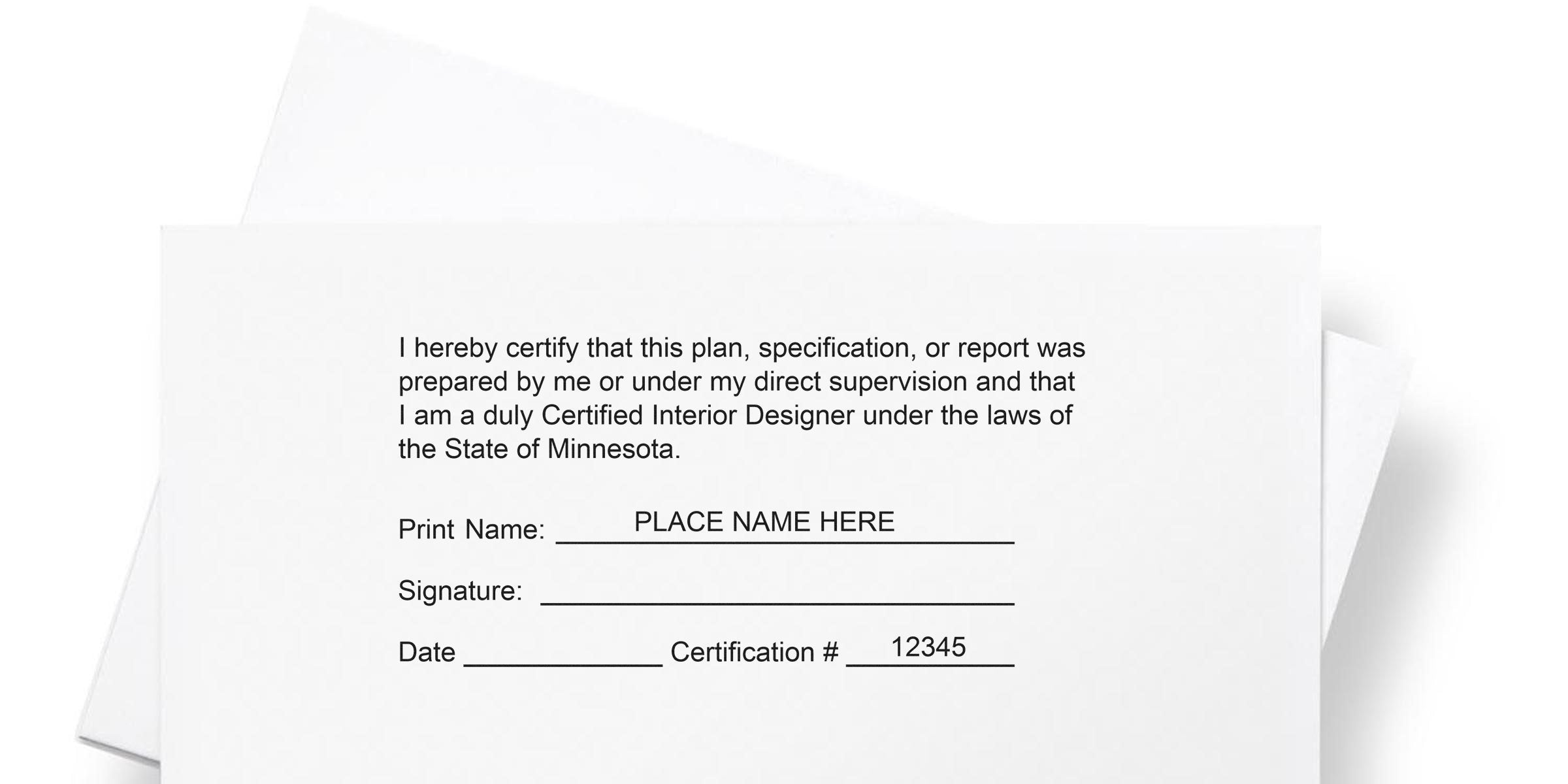 Minnesota interior designer certification form with signature, date fields, and seal embosser instructions.
