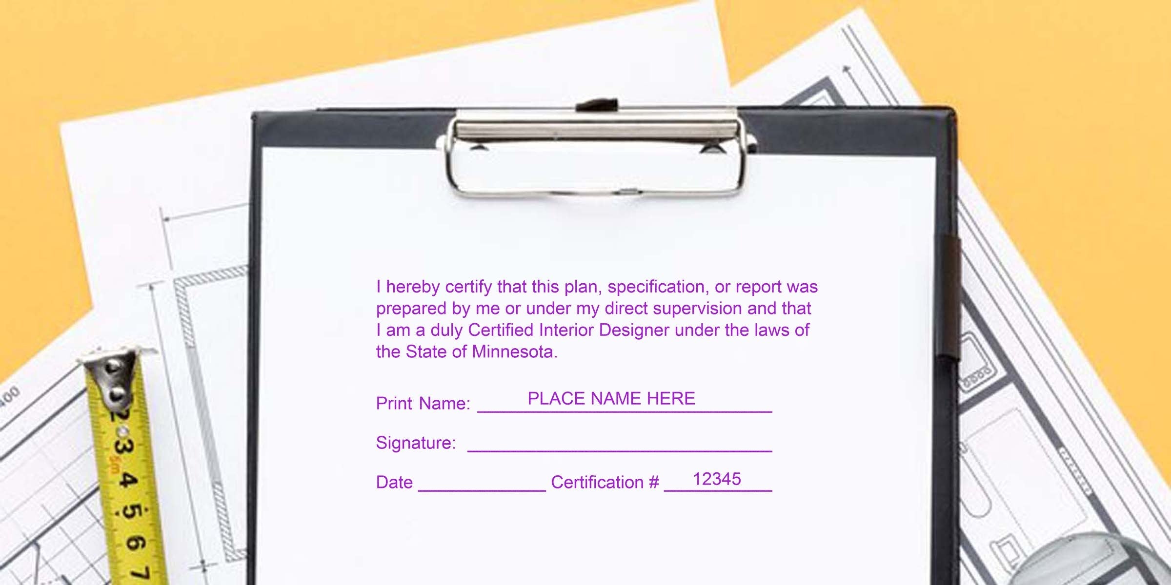 Certified Minnesota interior designer form on clipboard with architectural plans, measuring tape, and interior design stamp online.