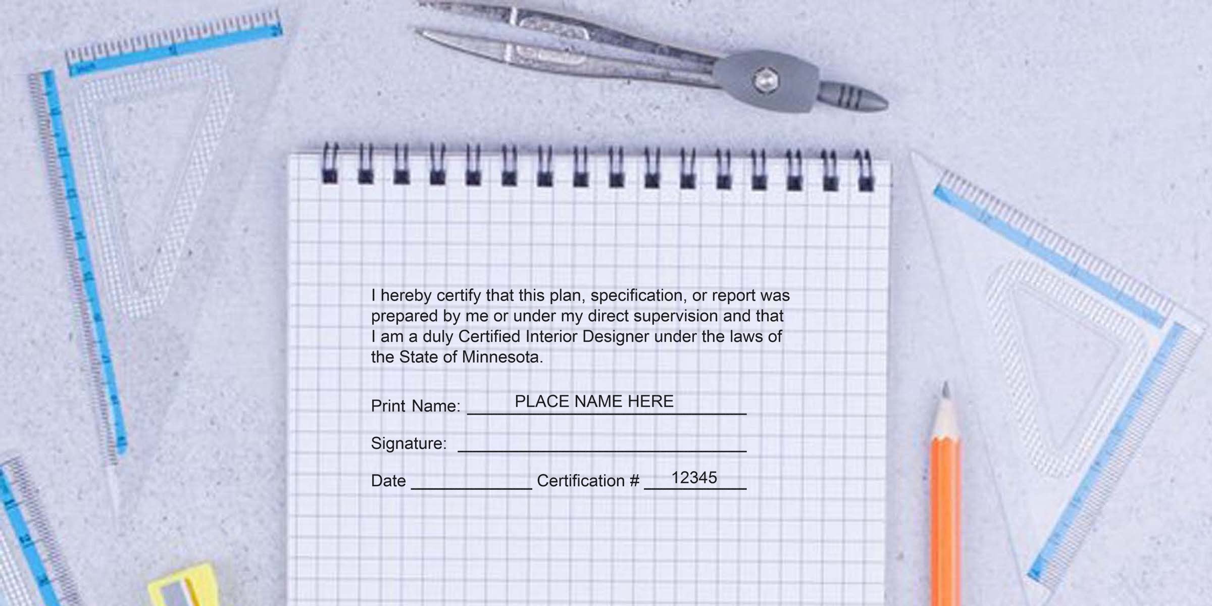 Certified Minnesota interior design form on graph paper with drawing tools, pencil, and stamp design tips.