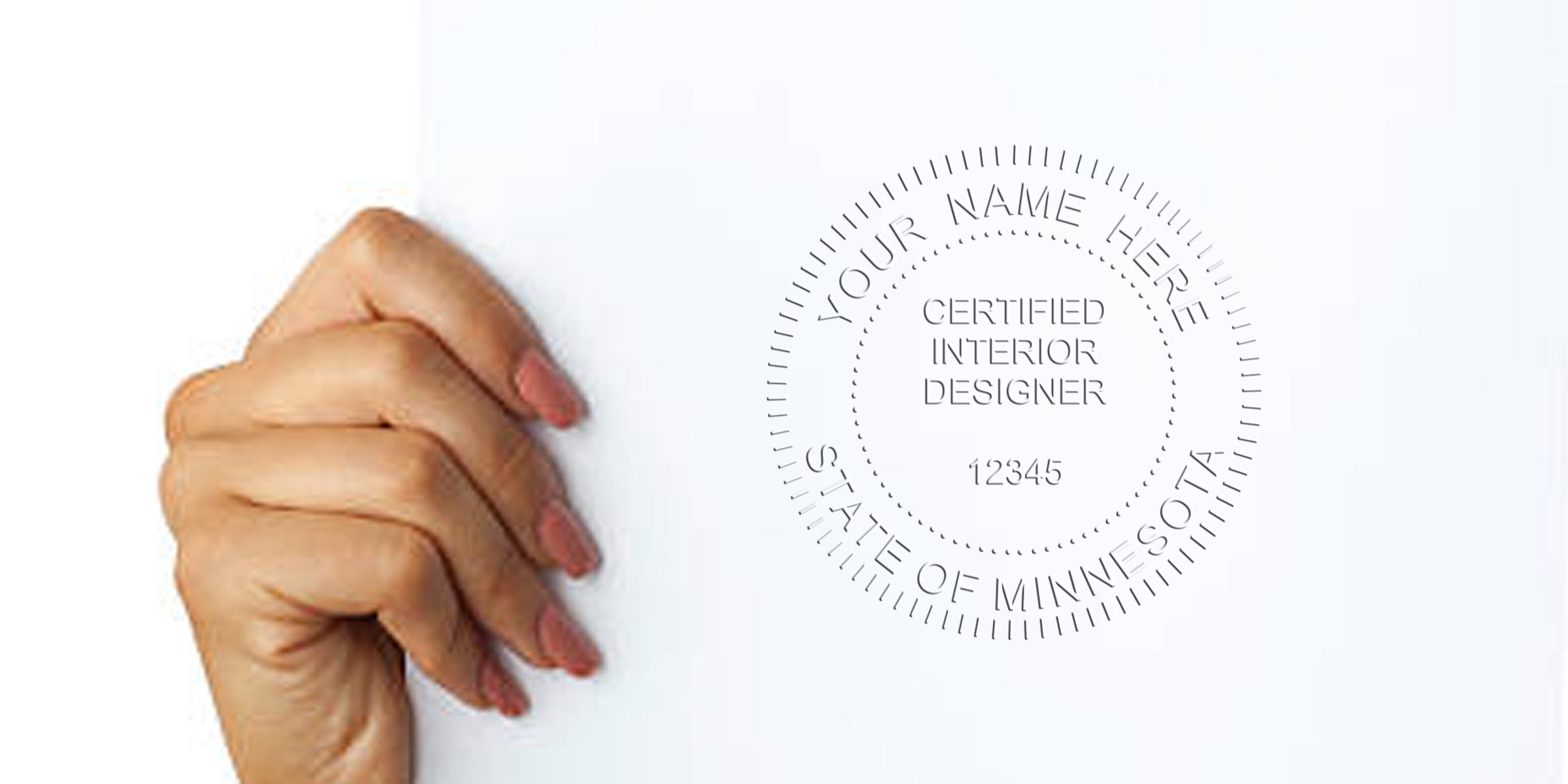 Hand holding white paper with a Minnesota interior designer stamp, displaying an interior design stamp purchase.