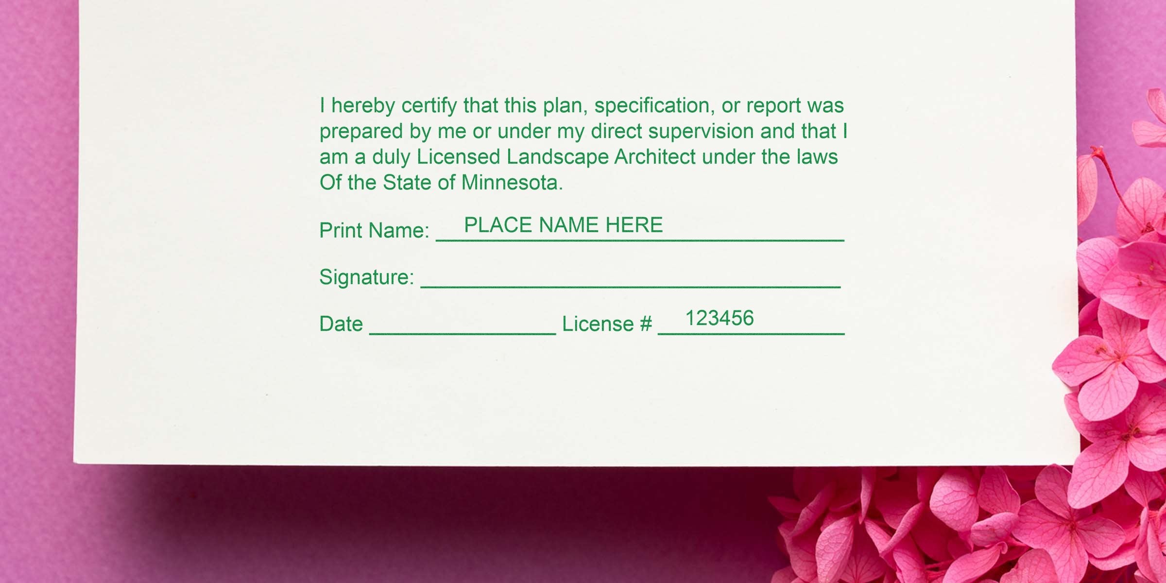 Licensed Landscape Architect form with signature, license number, and Minnesota stamp on pink floral background, detailing how to get the MN landscape architect stamp.