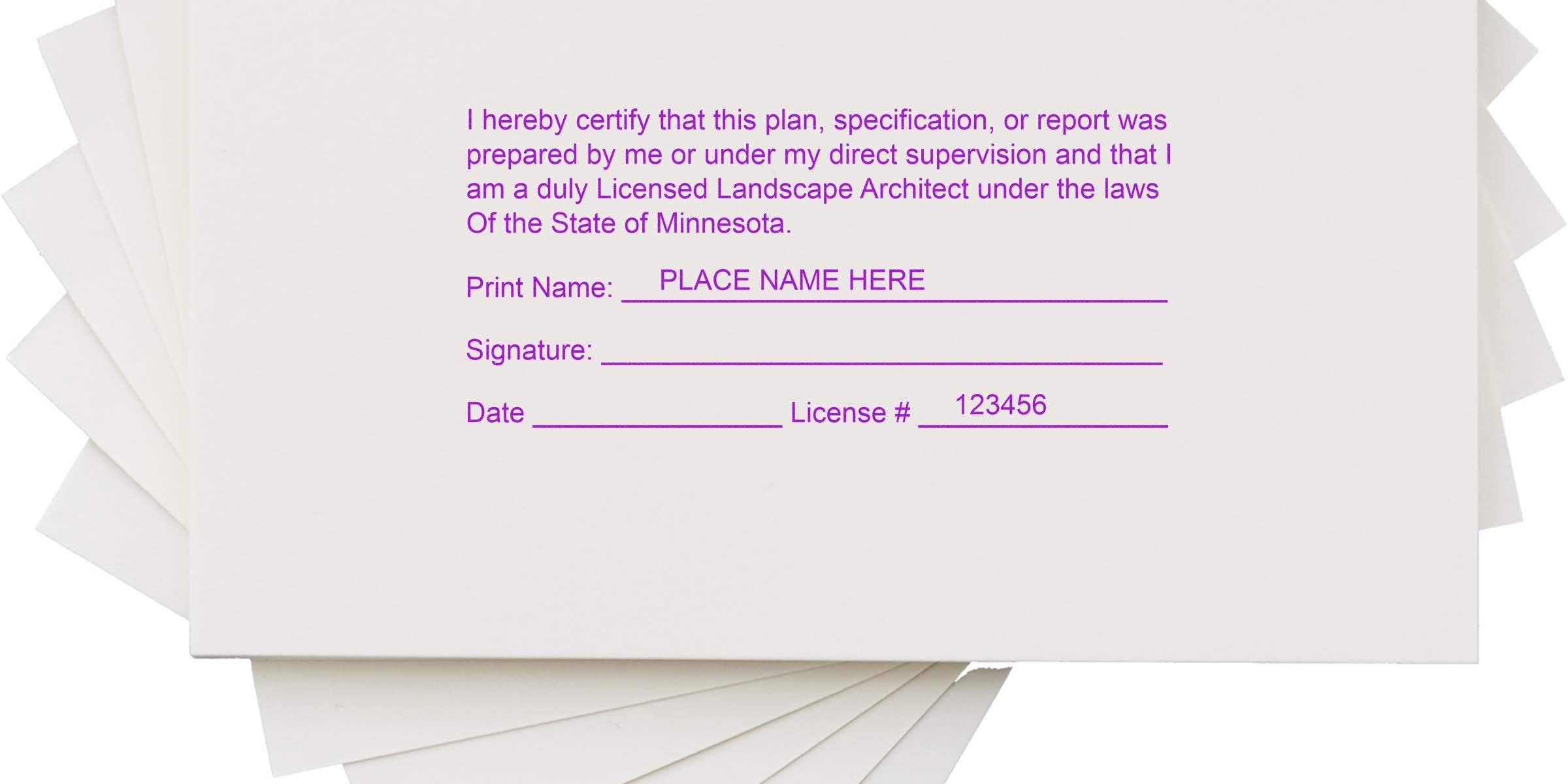 Licensed landscape architect certification form for Minnesota license verification, including details on Minnesota landscape architect stamp and how to purchase the landscape architect stamp.