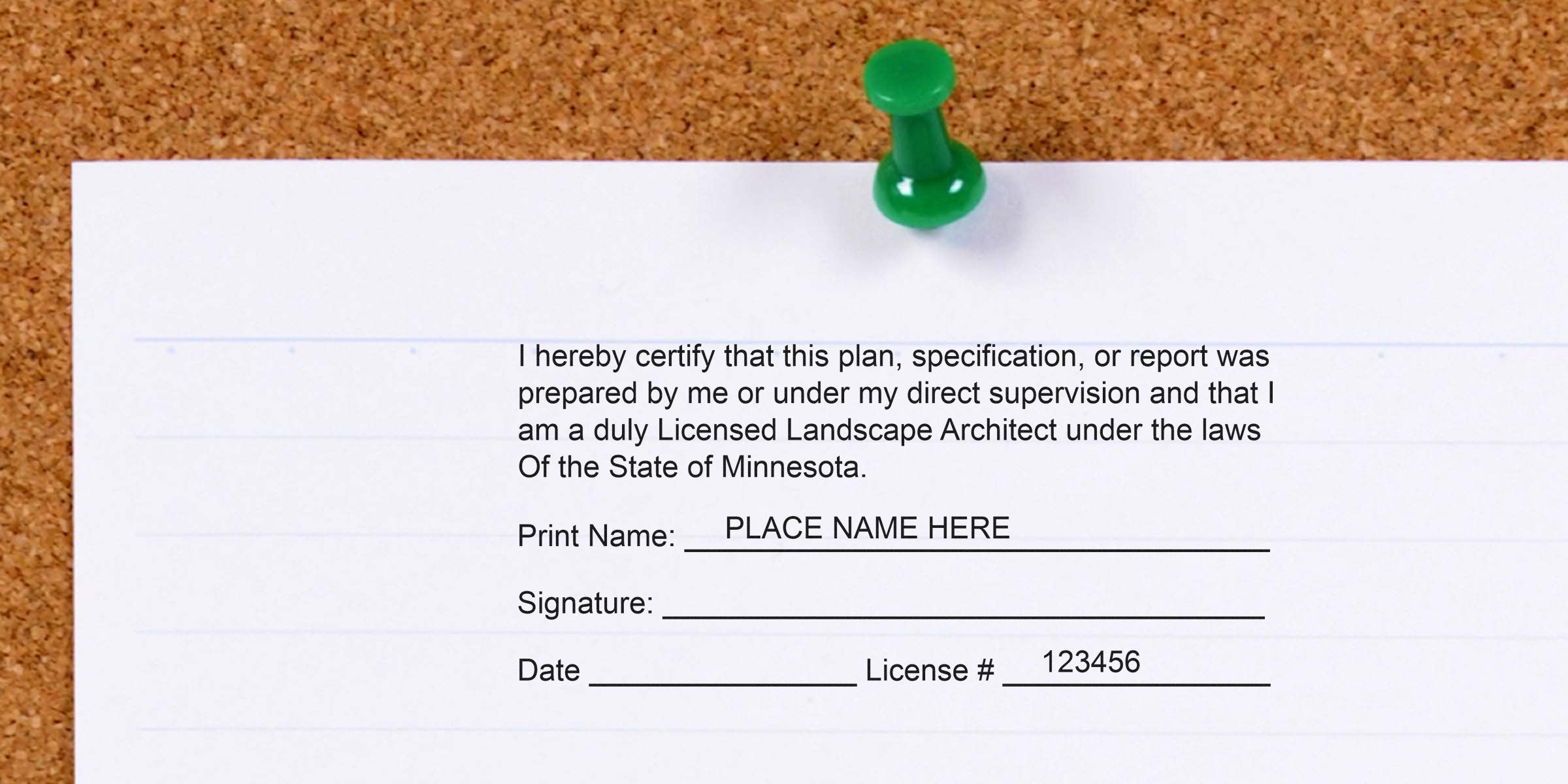 Certified Landscape Architect form pinned on corkboard with signature, license number fields, Minnesota landscape architect stamp, and stamp guide.