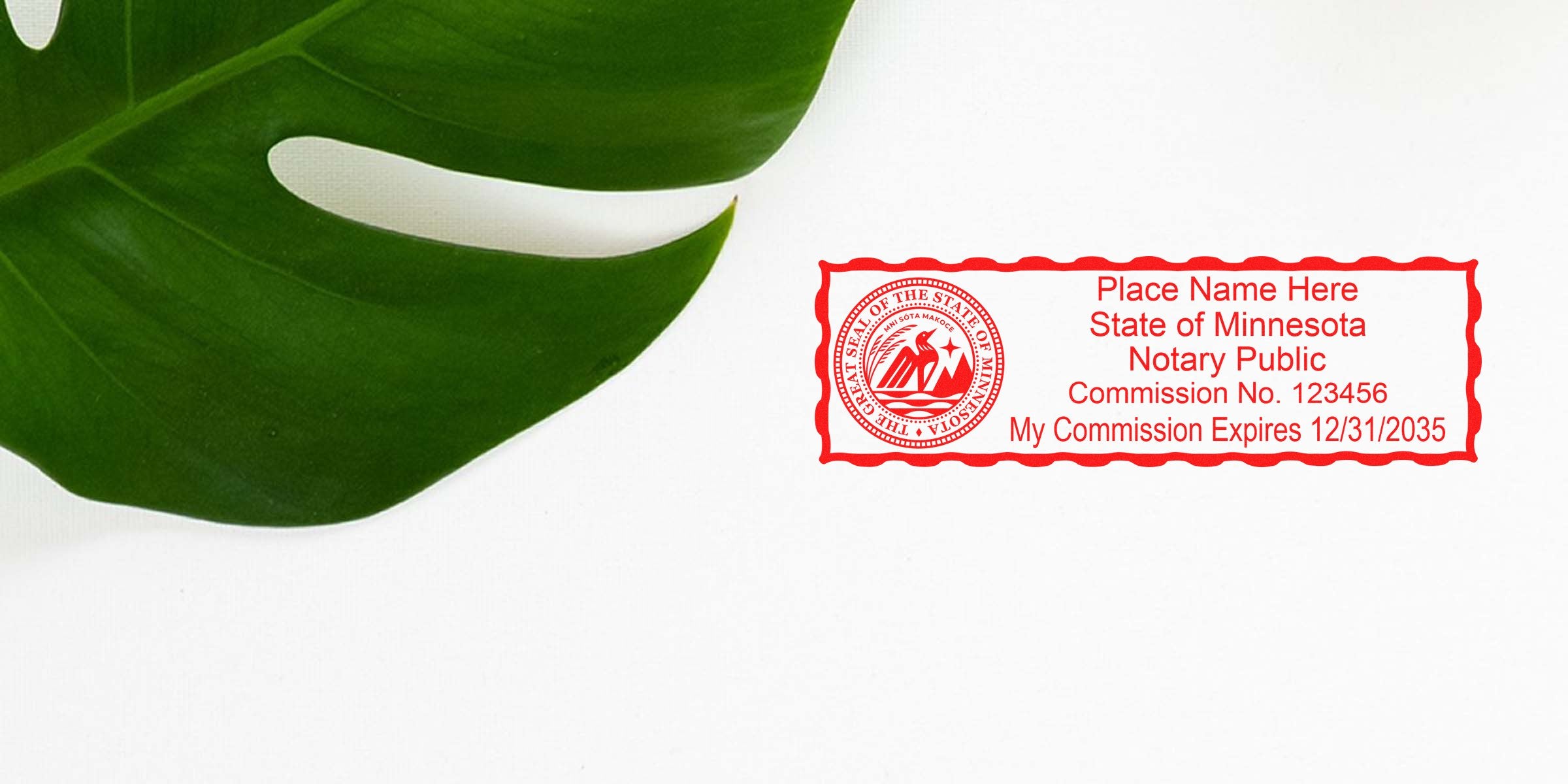 Minnesota notary stamp with commission number and expiration date on white background, featuring a green leaf, compliant with Minnesota notary requirements.