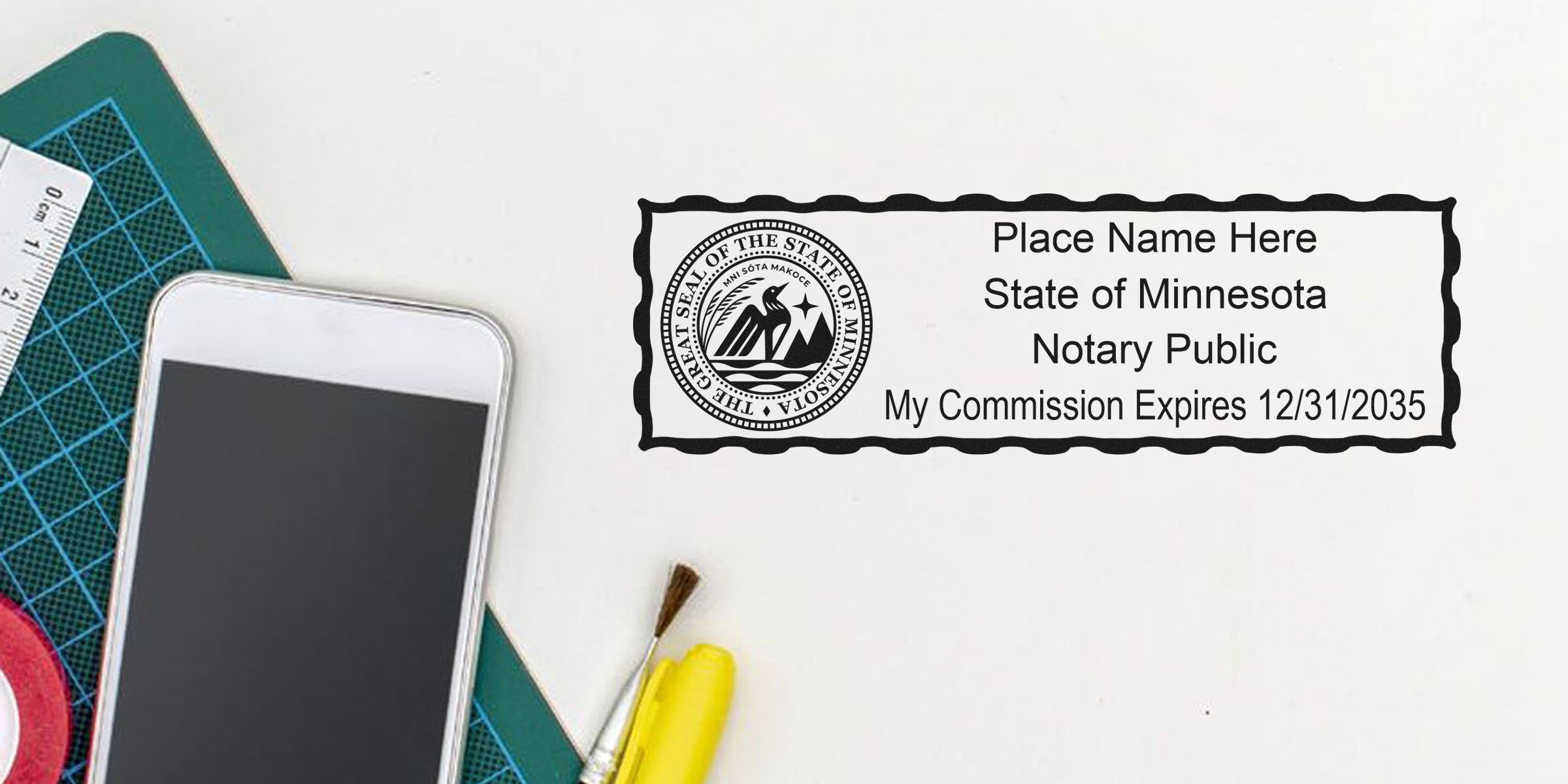 Minnesota notary seal stamp with commission expiration date next to smartphone and office supplies, meeting Minnesota notary public requirements.