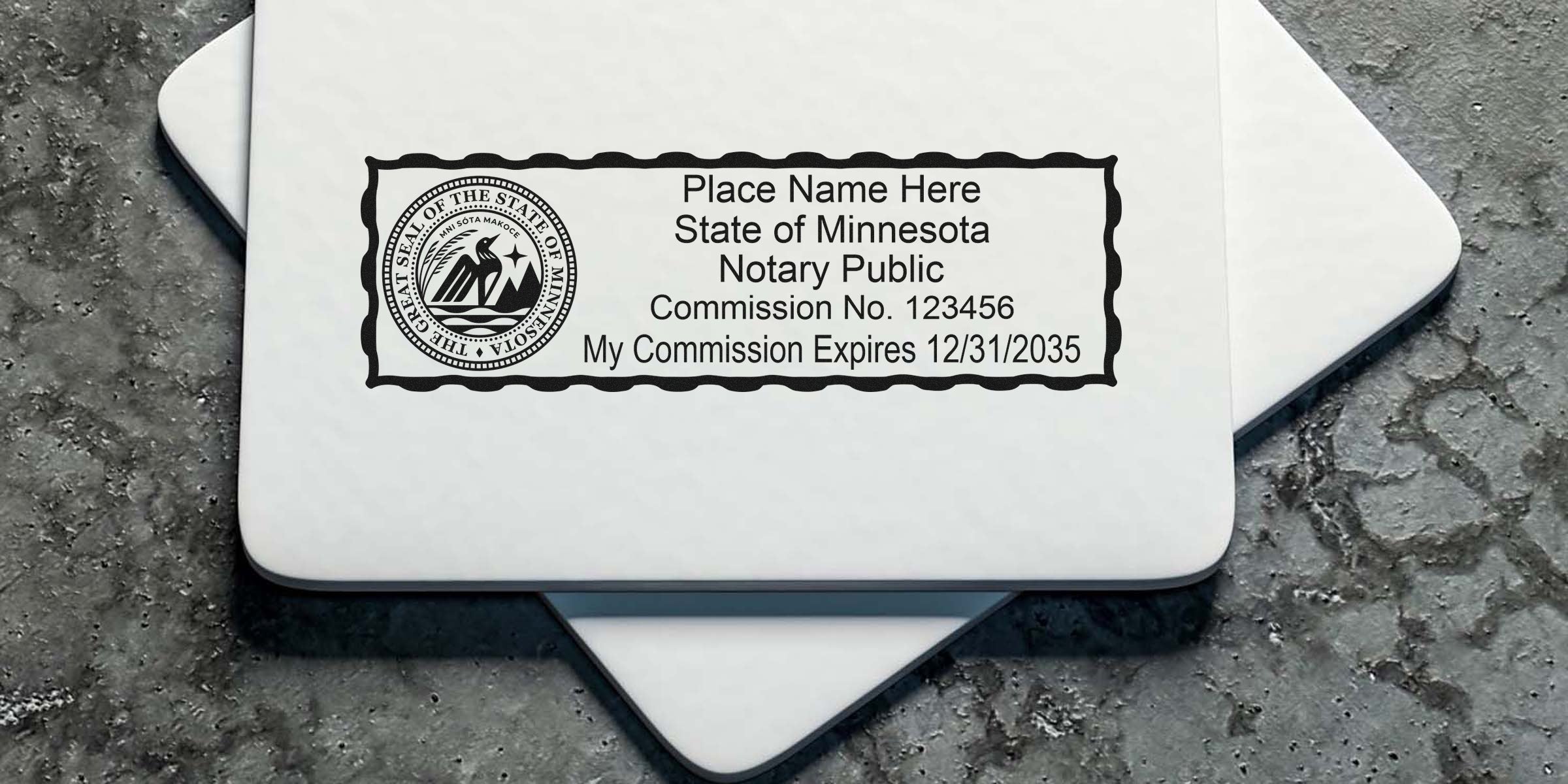Minnesota Notary Stamp on white cards, showing commission number and expiration date, highlighting essential Notary Public details.