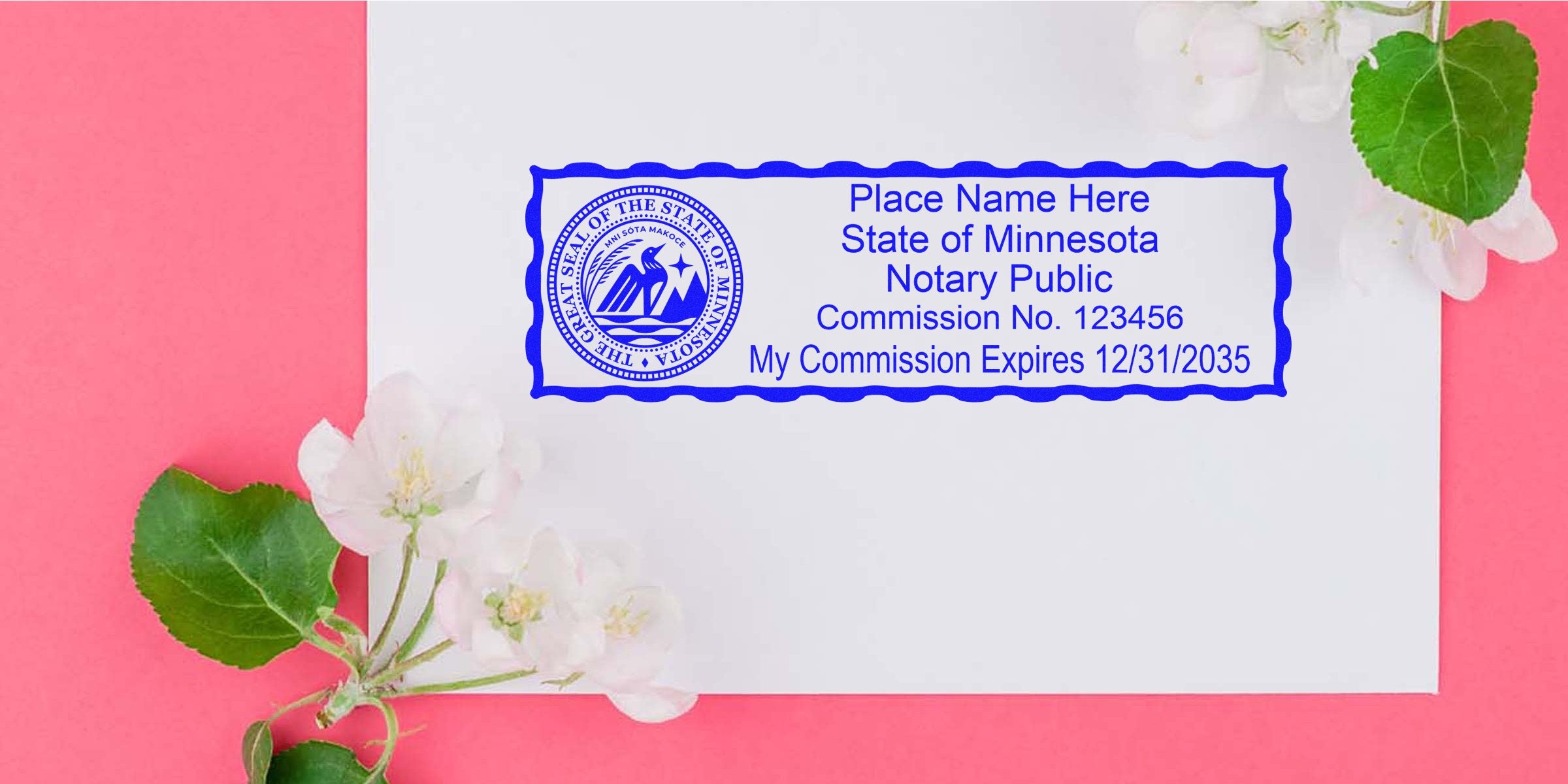 Minnesota notary public stamp with MN seal on white envelope, surrounded by flowers on a pink background, displaying different notary seal options.