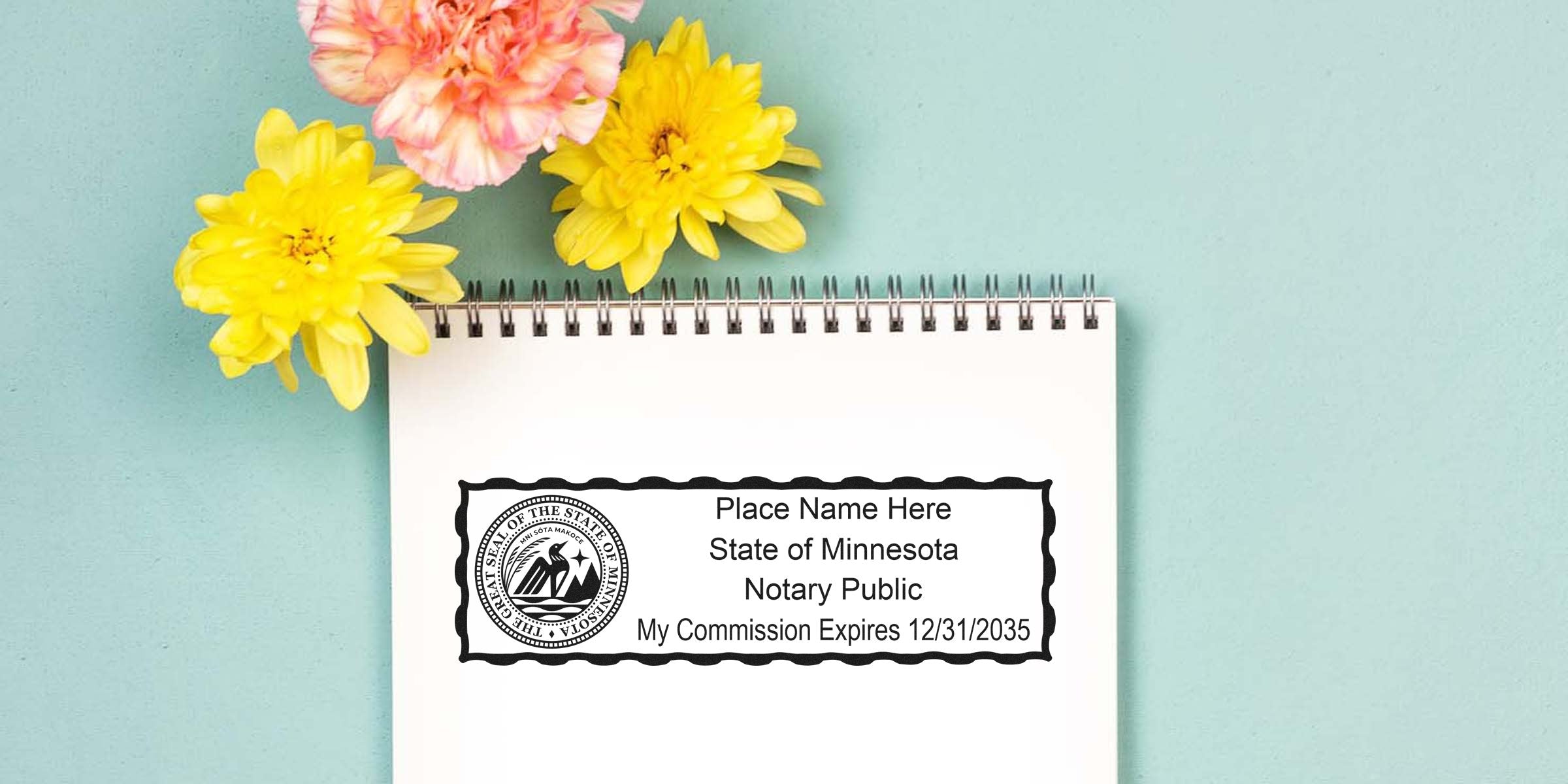 Minnesota notary public seal with commission expiry on white notepad, surrounded by yellow and pink flowers, symbolizing reliable Minnesota notary services.