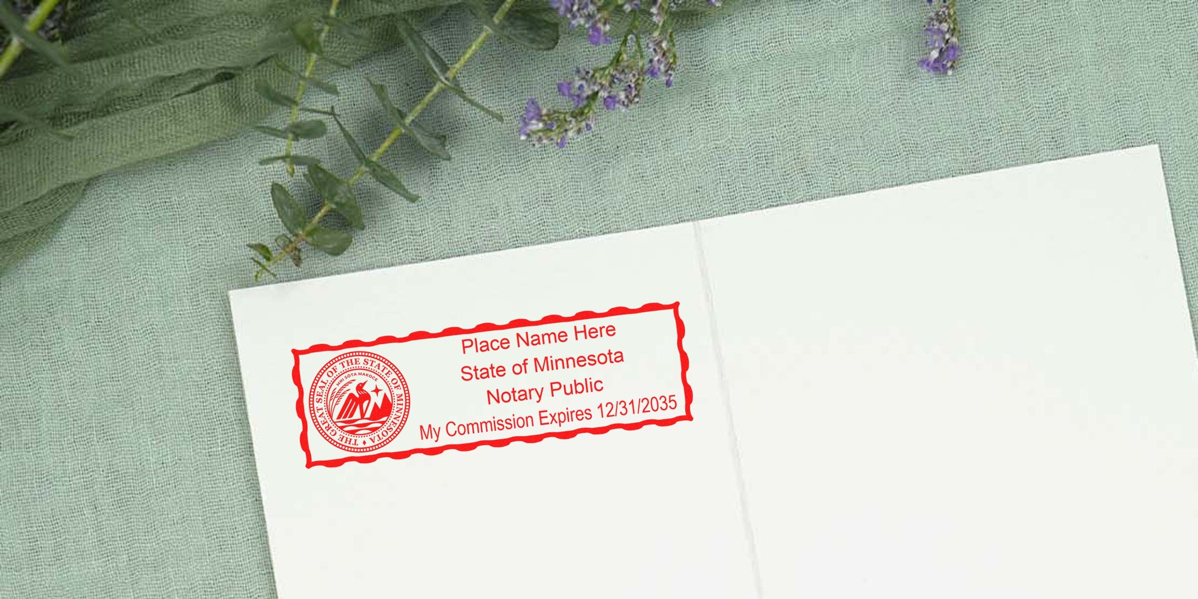Minnesota notary public stamp on white paper with commission expiration date and state seal, included in a Minnesota notary kit and new essential supplies.