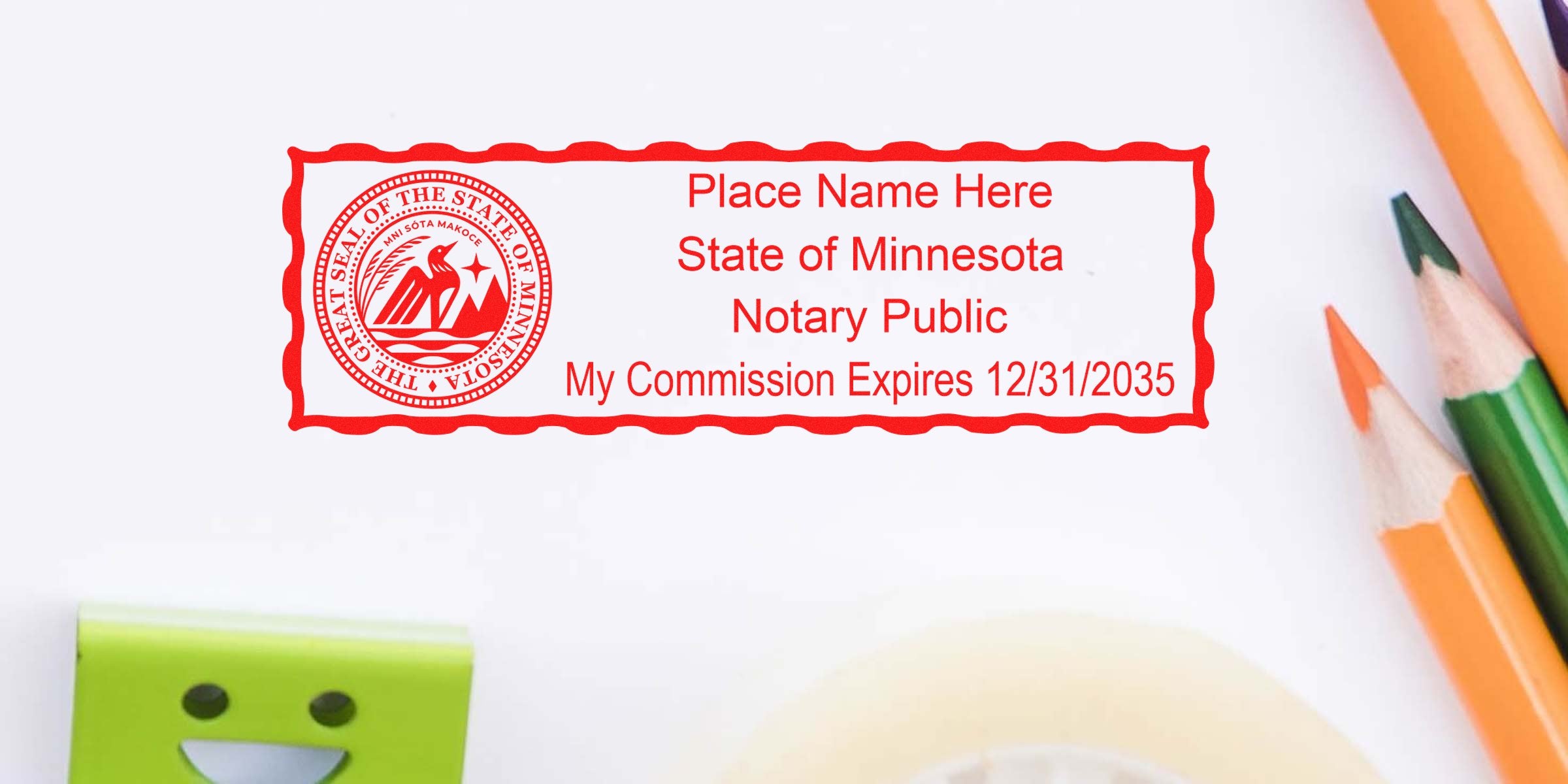 Minnesota notary seal with commission expiry date and colored pencils on white background.