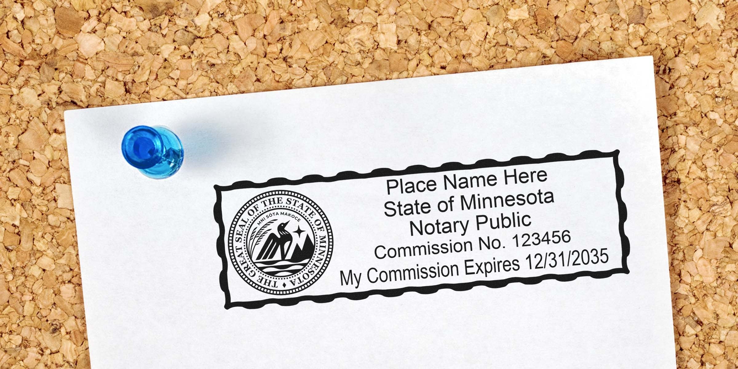 Minnesota notary public stamp with commission number and expiration date pinned on corkboard, highlighting fast Minnesota notary supplies.