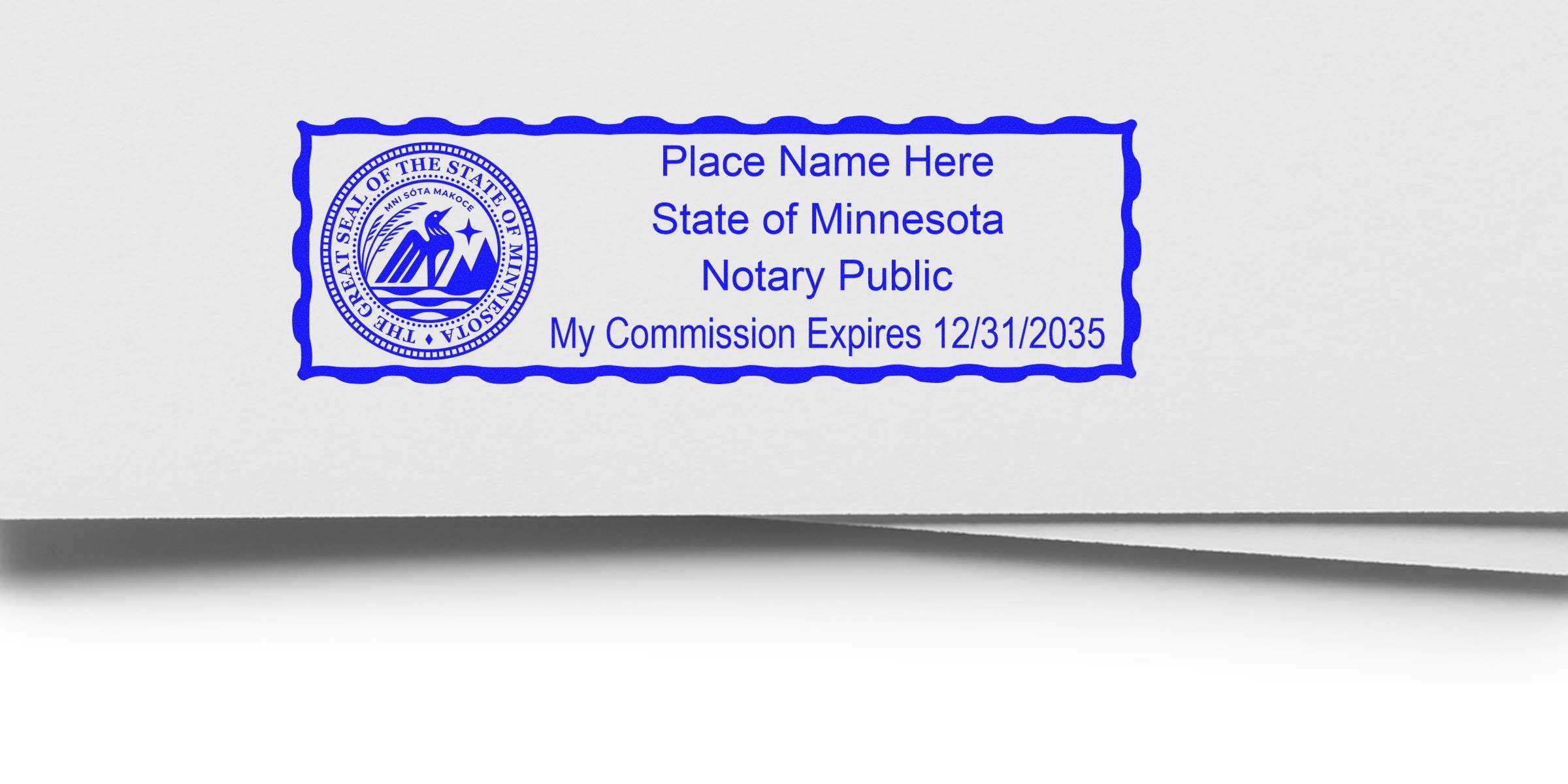 Minnesota notary public stamp on white paper showing commission expiration date, highlighting the size and dimensions of the Minnesota notary seal.