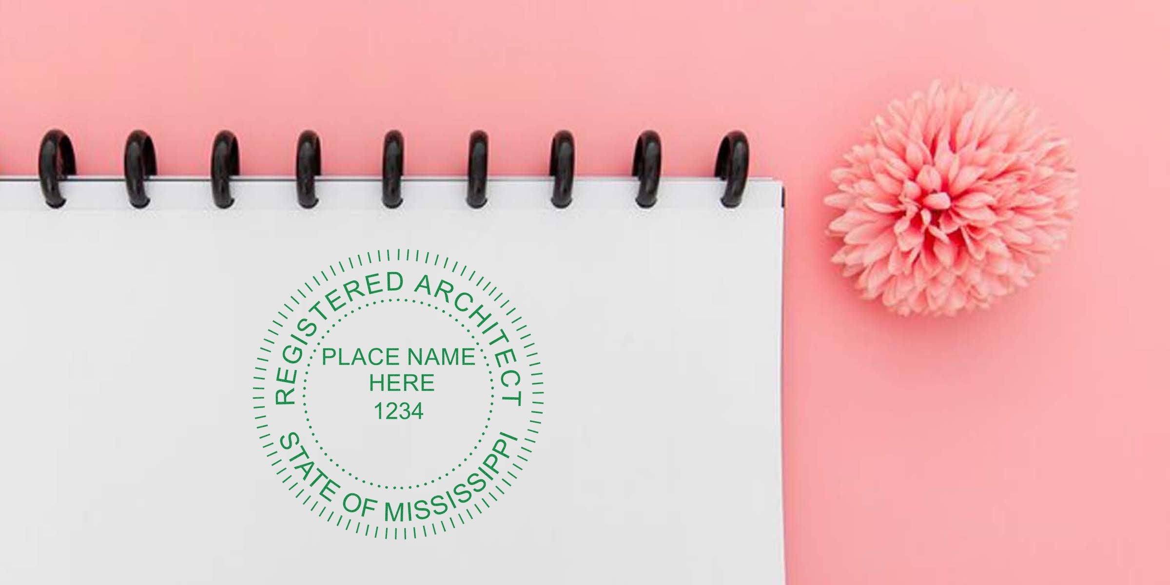 Architect seal stamped on spiral notebook with pink flower on pastel background, symbolizing Mississippi architect certification and requirements.