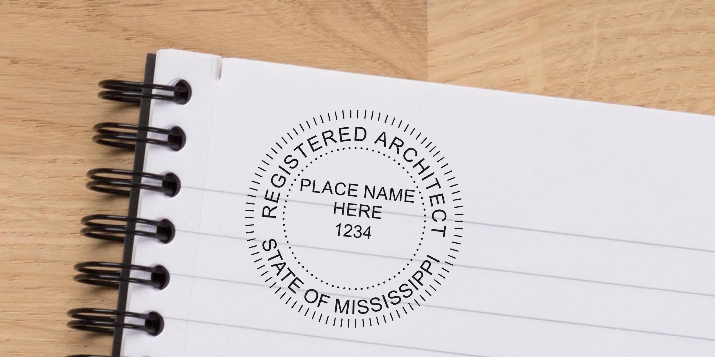 Mississippi architect seal stamped on notebook page for professional architectural services, showcasing an online Mississippi architect seal.