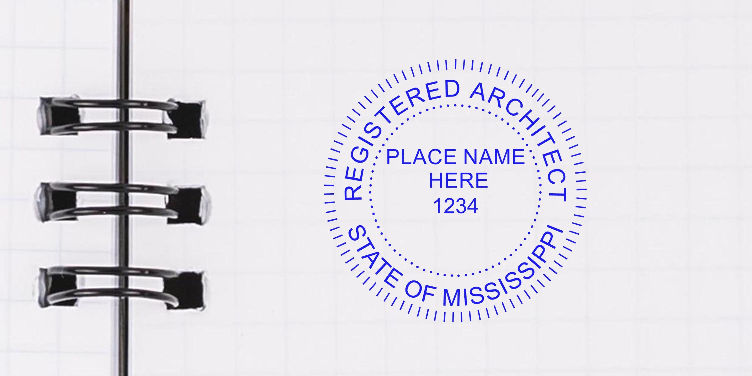 Mississippi architect's embossed stamp on a spiral notebook page with the official state seal design.