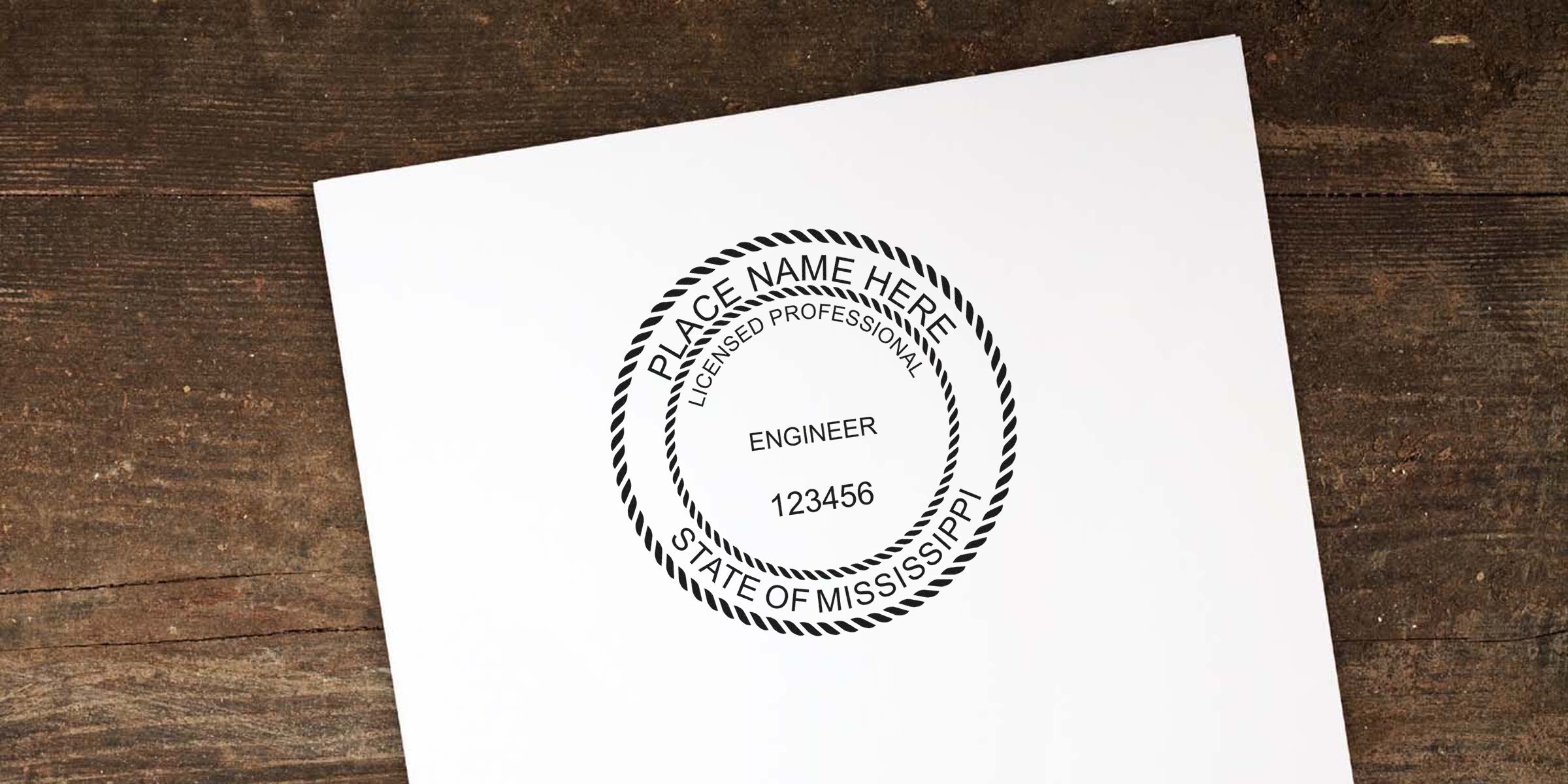 Mississippi licensed professional engineer seal on white paper, showing Mississippi PE stamp regulations and professional engineer stamp rules.