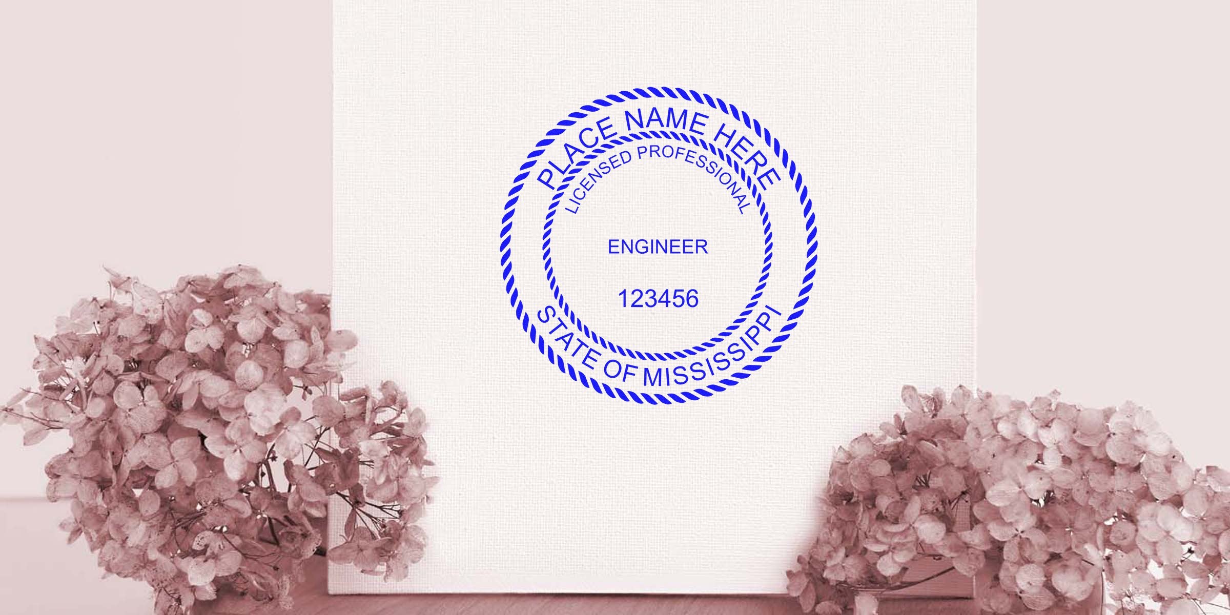 Mississippi PE License Professional Engineer Seal stamp on white canvas with pink hydrangea flowers background.