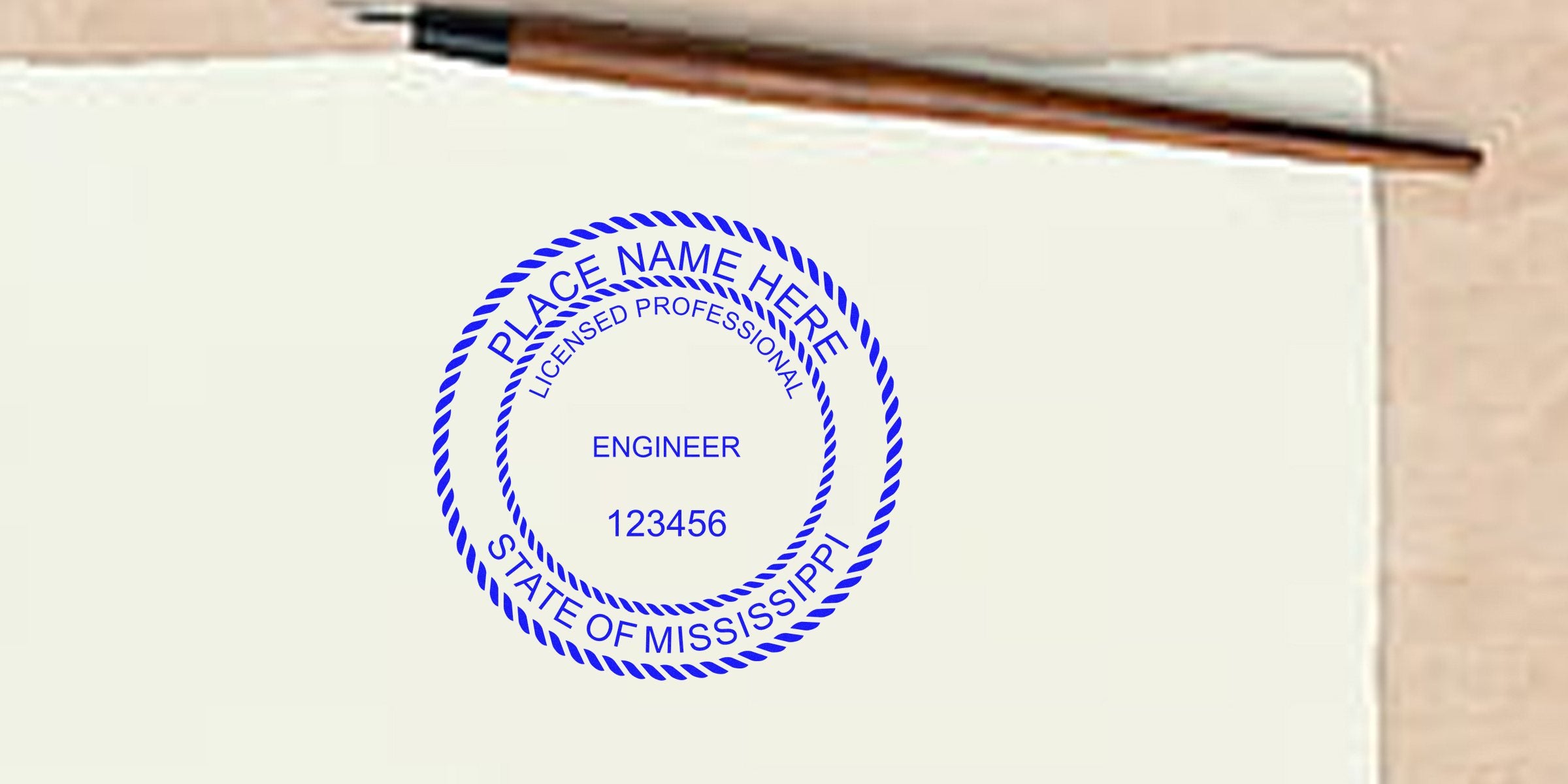 Licensed professional engineer seal stamp for Mississippi on official document with pencil, showing Mississippi engineering seal and embosser.