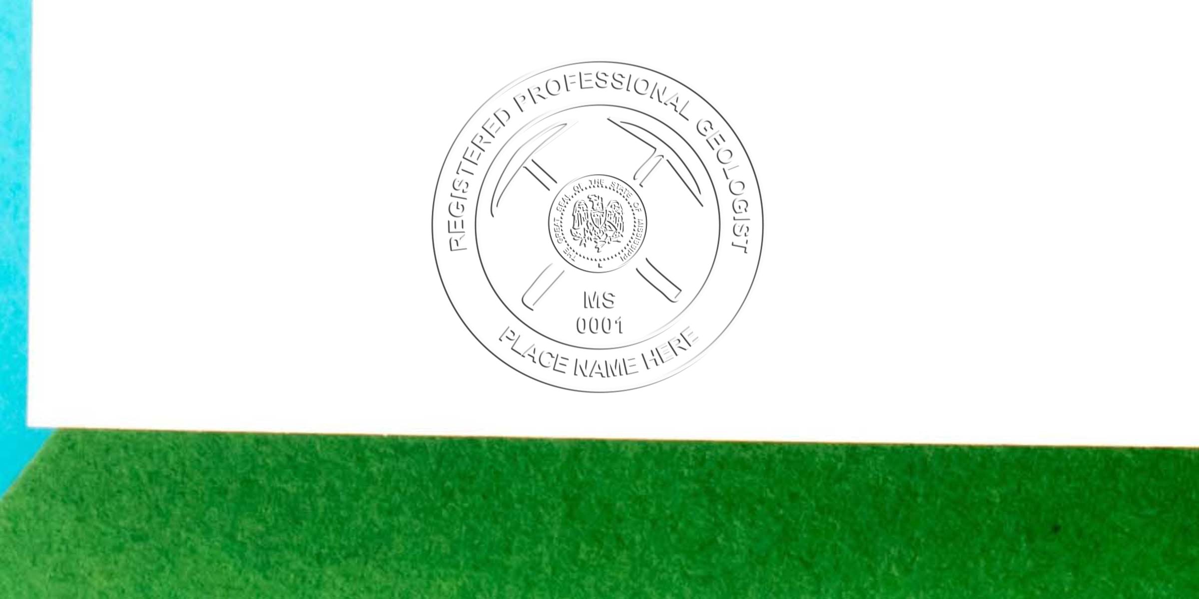 Mississippi Geologist Stamp with registered professional geologist seal, crossed hammers, and state emblem on white and green background, symbolizing Mississippi geological stamps.