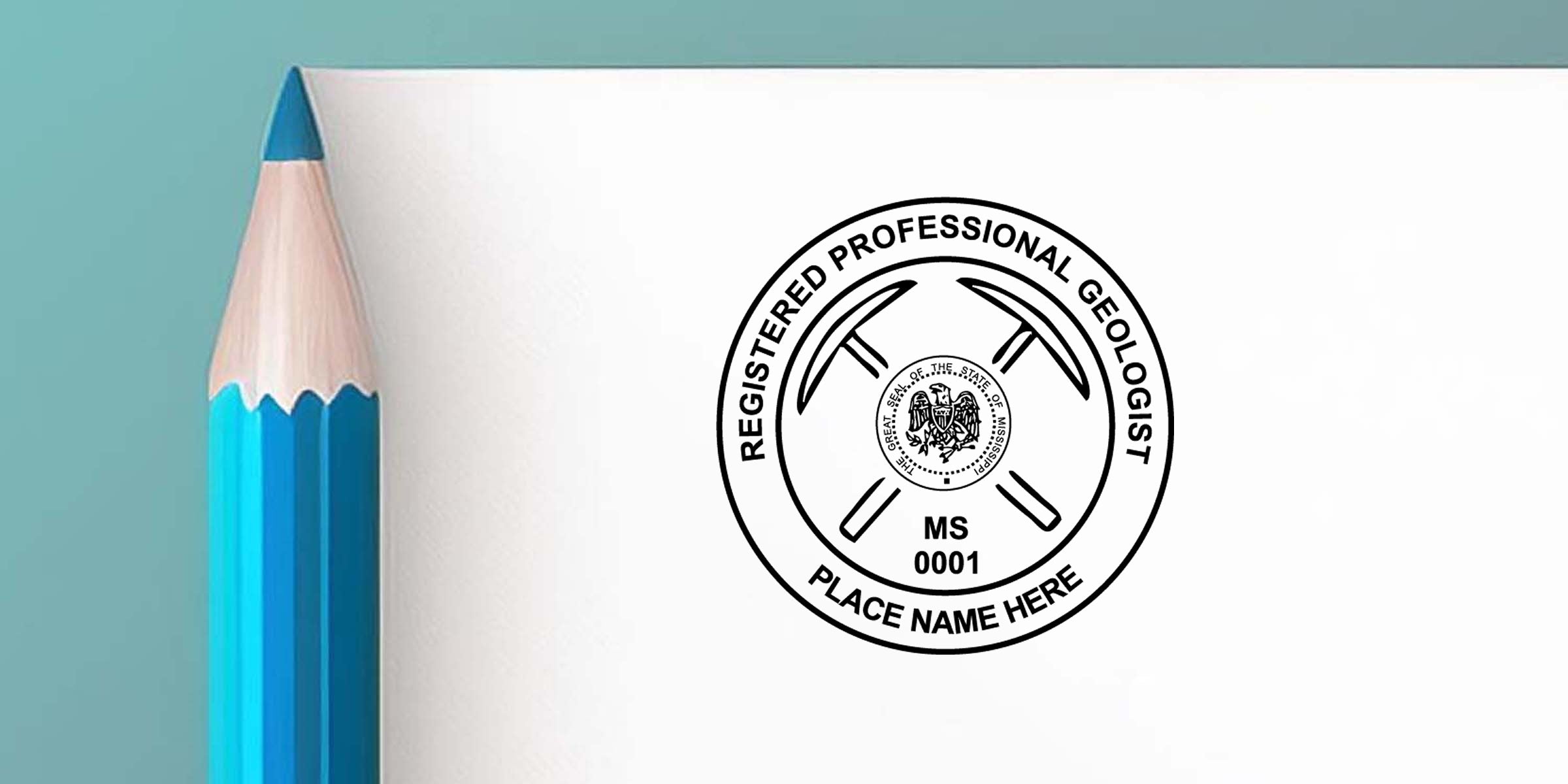 Registered professional geologist seal with crossed pickaxes and state emblem on white paper, alongside a blue pencil, highlighting top geologist stamp tools and best geologist stamps.