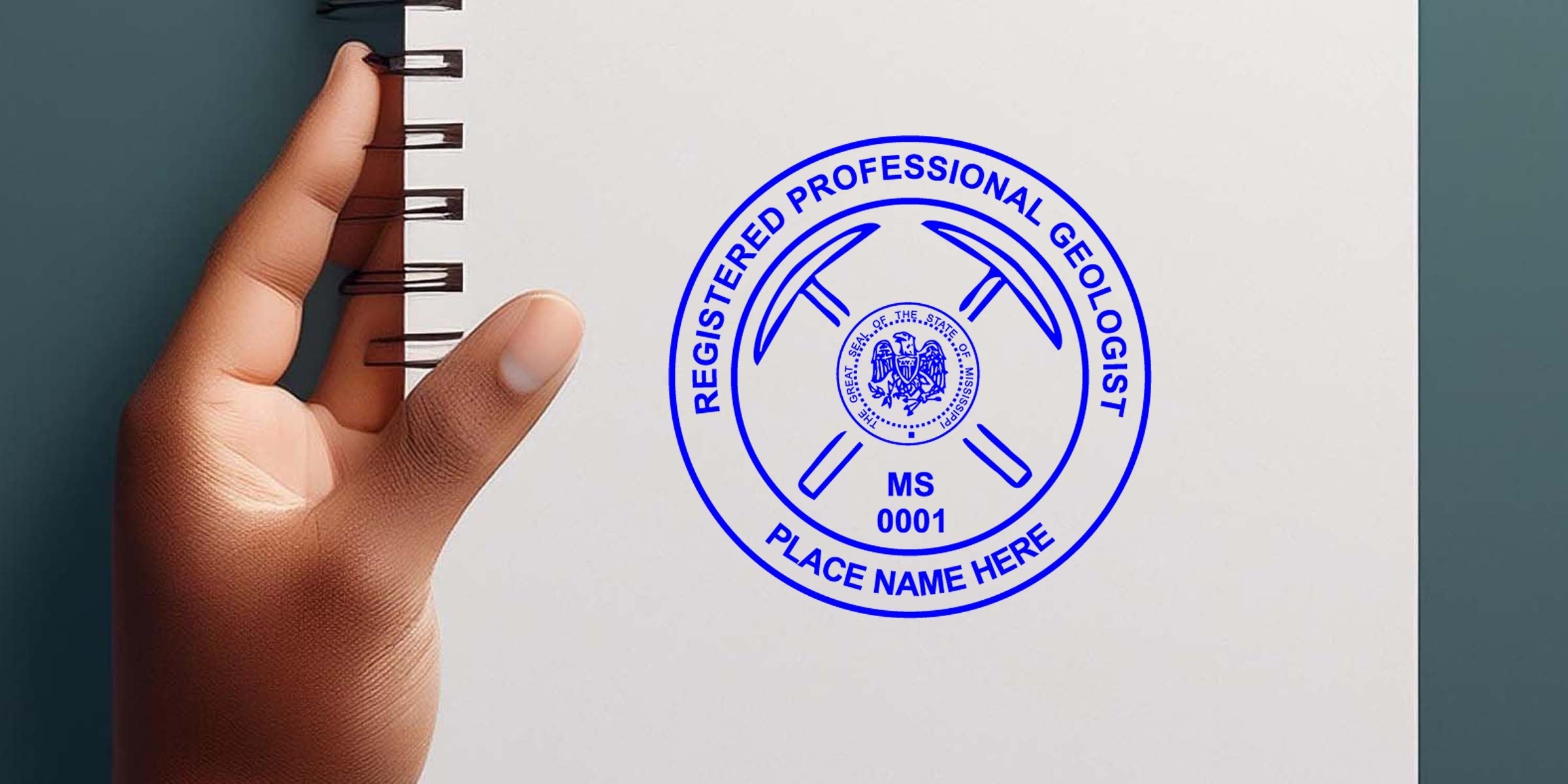 Registered Professional Geologist seal stamp on notebook, Mississippi geology certification and license design, professional geologist logo with tools and state seal, selecting Geologist Stamp Mississippi.