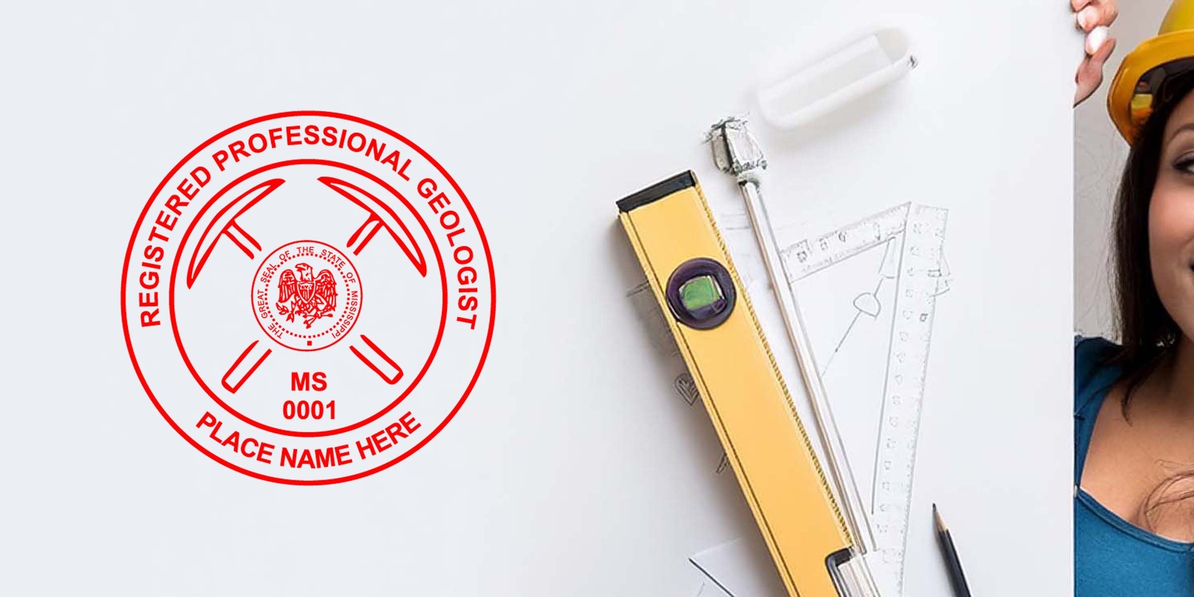 Mississippi geologist stamps show the Registered Professional Geologist seal, engineering tools, and a female engineer in a yellow helmet, representing Mississippi geologist stamp rules.