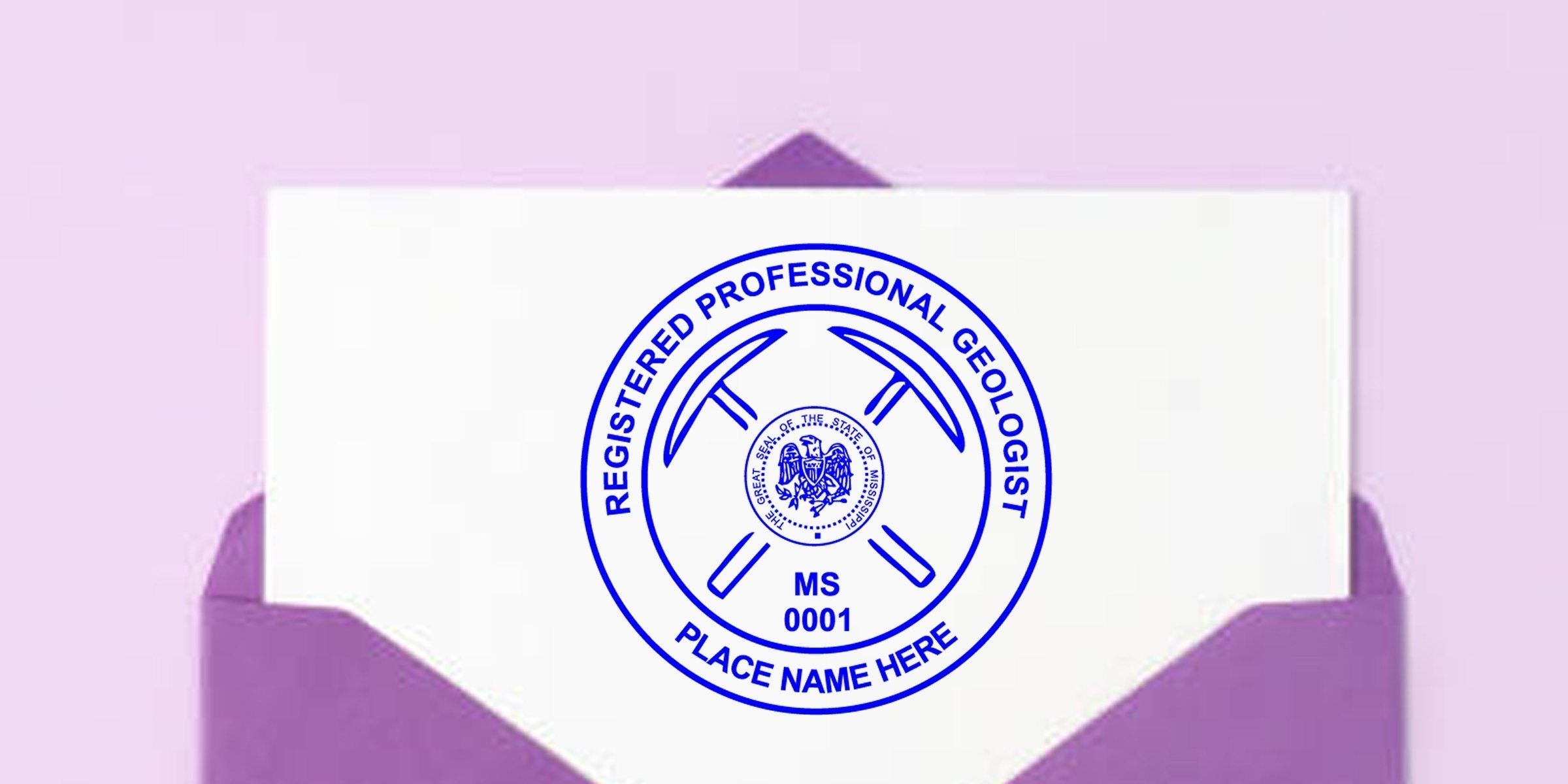 Mississippi geologist stamp with Registered Professional Geologist seal on white card inside purple envelope, highlighting Mississippi geology certification design.