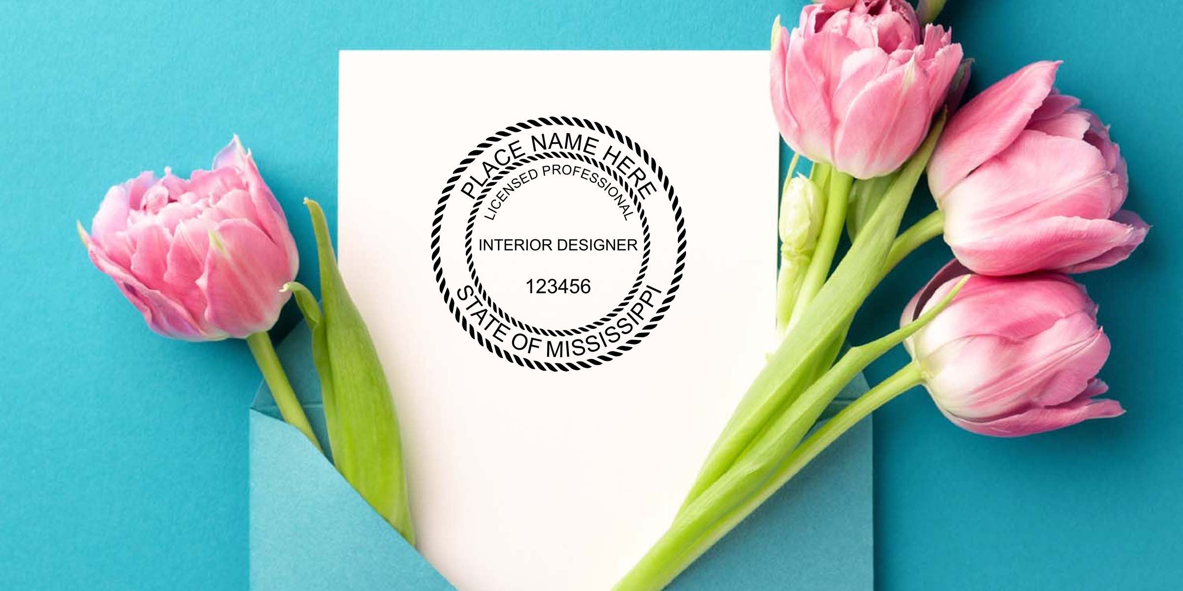 Pink tulips with a blue envelope showing the Mississippi Seal and a Mississippi State Symbol interior designer license stamp on a white card.