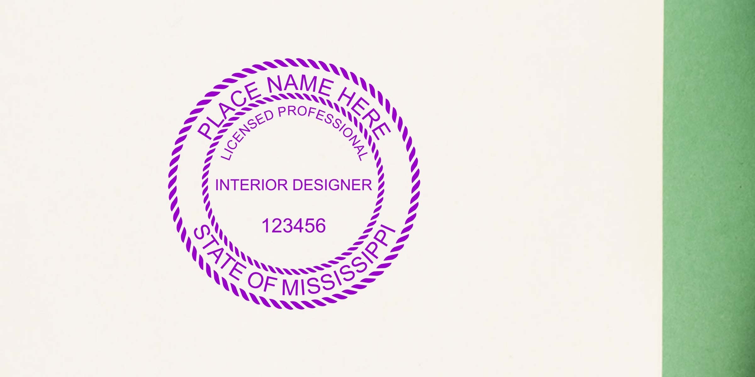 Licensed Interior Designer Stamp from Mississippi with registration number on white paper, representing the state's Interior Design License.