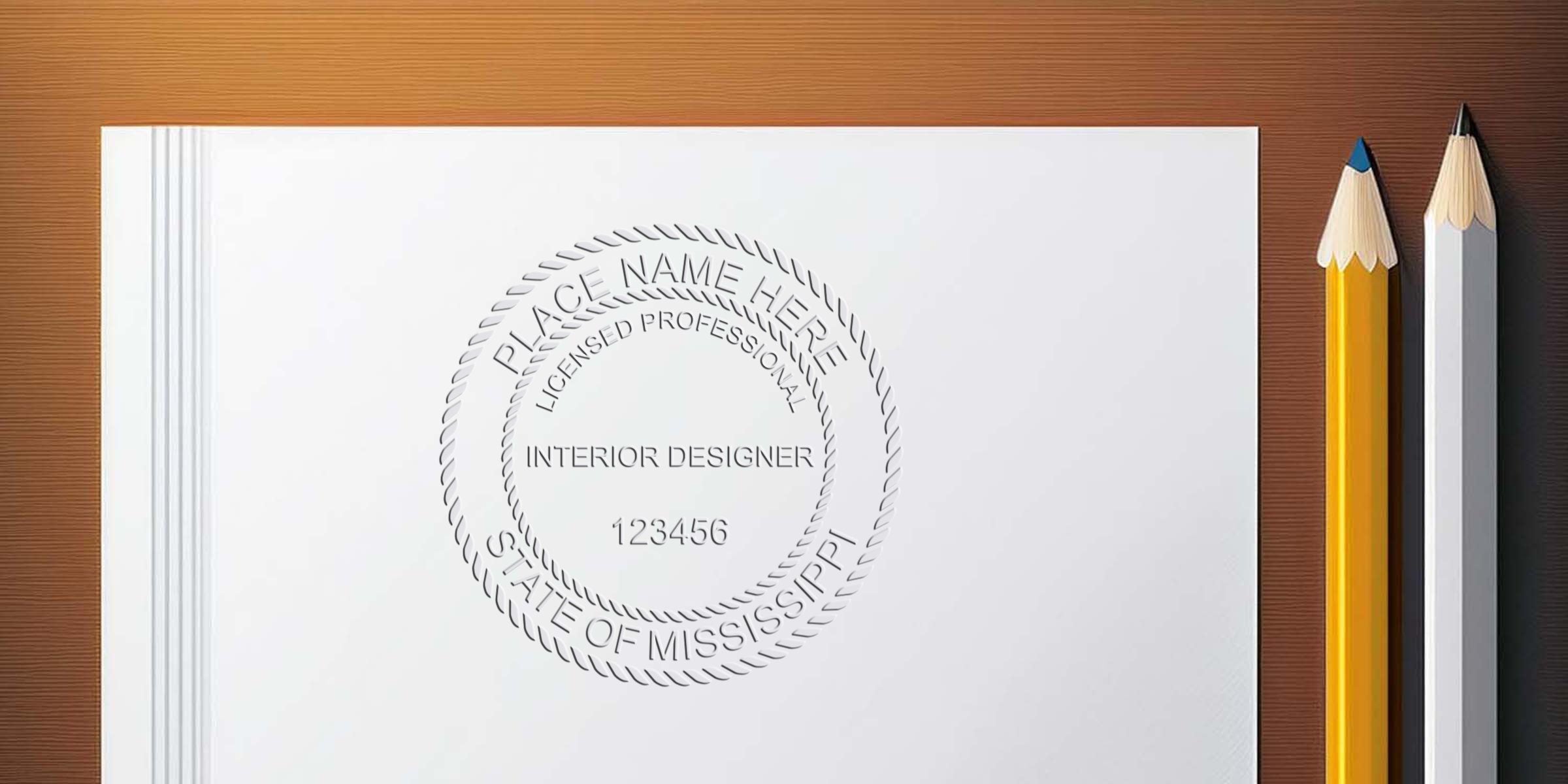 Embossed Mississippi interior designer license seal on white paper with yellow and white pencils on wooden desk, showing custom interior designer stamp for Mississippi design services.