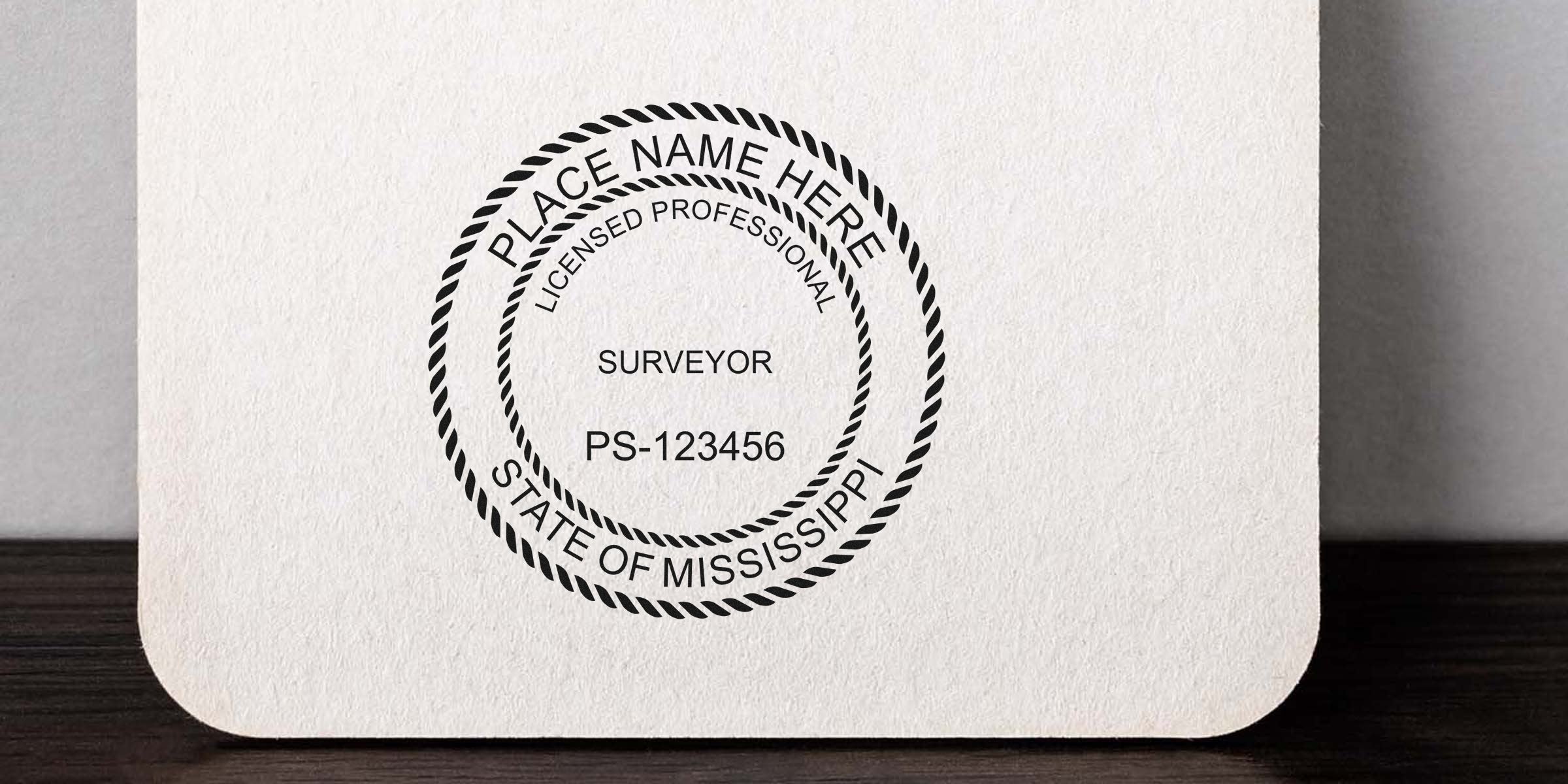Mississippi land surveyor seal stamp PS-123456 on textured paper, meeting Mississippi land surveyor regulations.