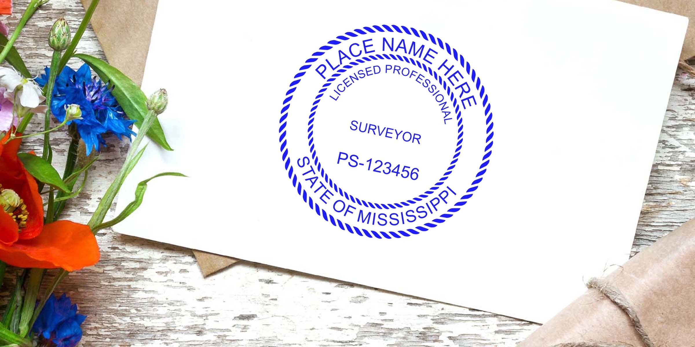 Mississippi land surveyor stamp on envelope with flowers and rustic wood background, ideal for land surveyor stamp orders and Mississippi surveyor services.