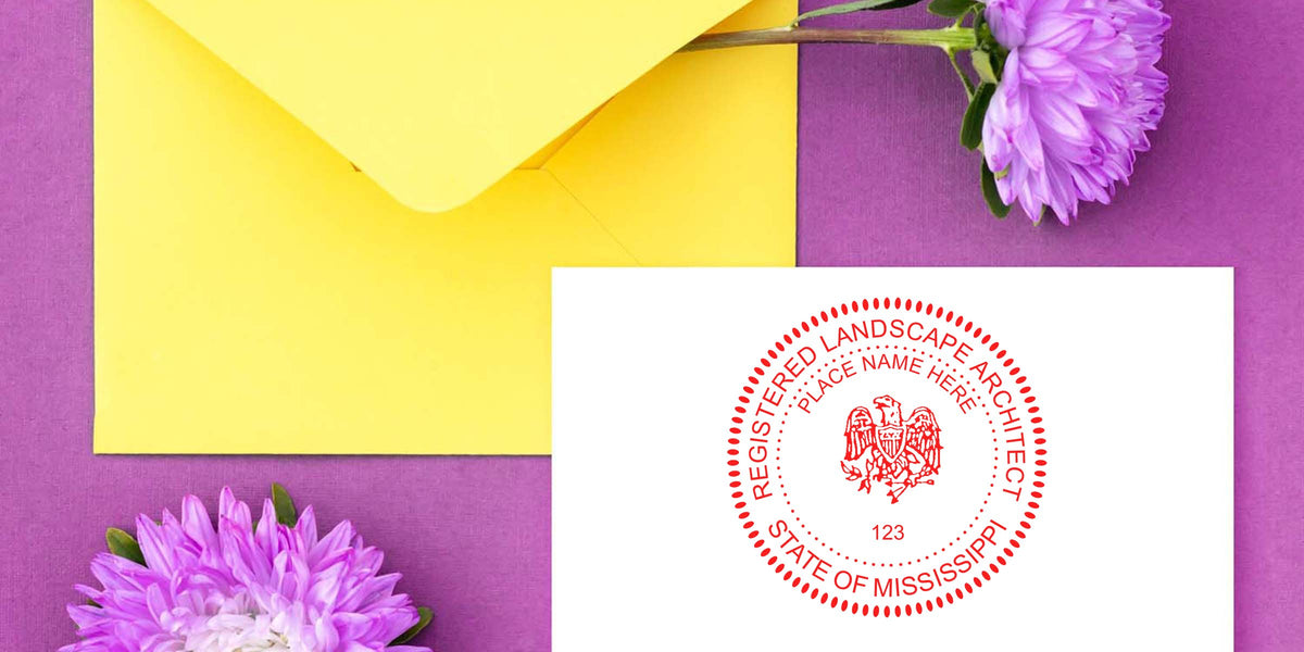 Mississippi landscape architect stamp on white card with registered seal, yellow envelope, and purple flowers on purple background; purchase Mississippi landscape architect stamp.