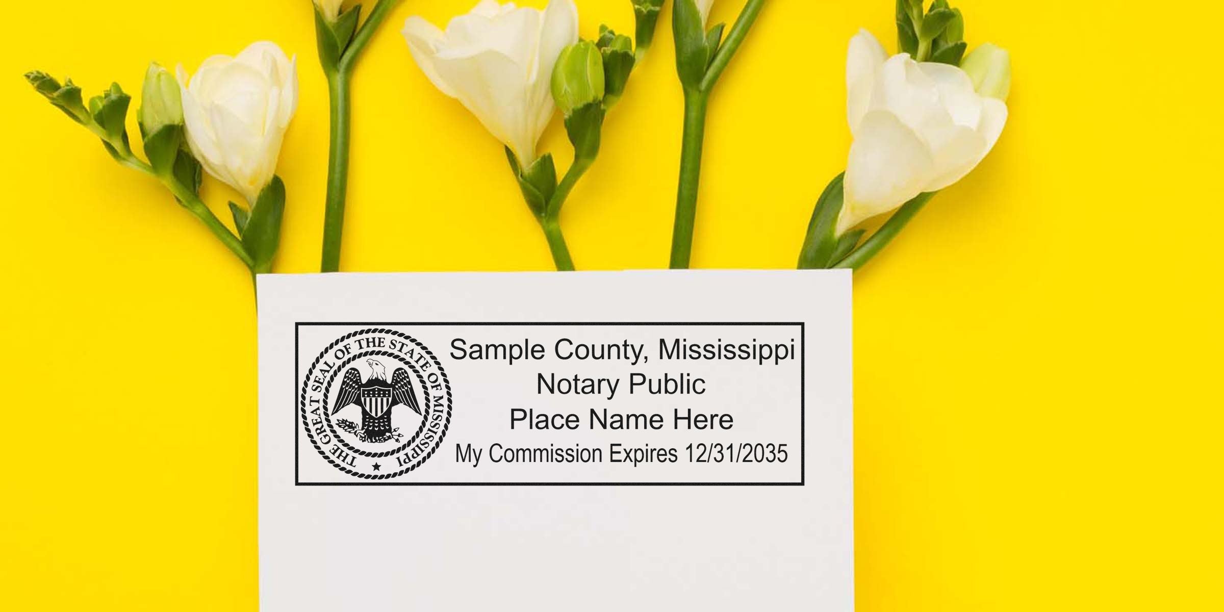 Mississippi notary public commission certificate with notary seal, white flowers on yellow background, showcasing Mississippi notary public requirements.