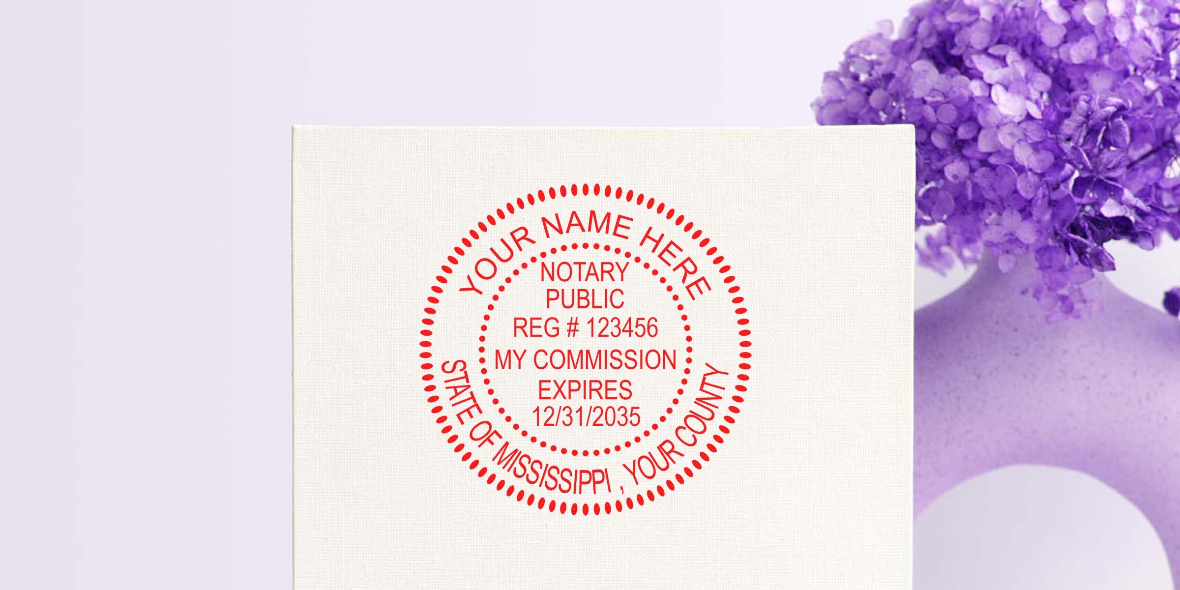 Custom MS notary stamp with personalized seal, official Mississippi notary public stamp, reliable tools, and red ink commission seal.