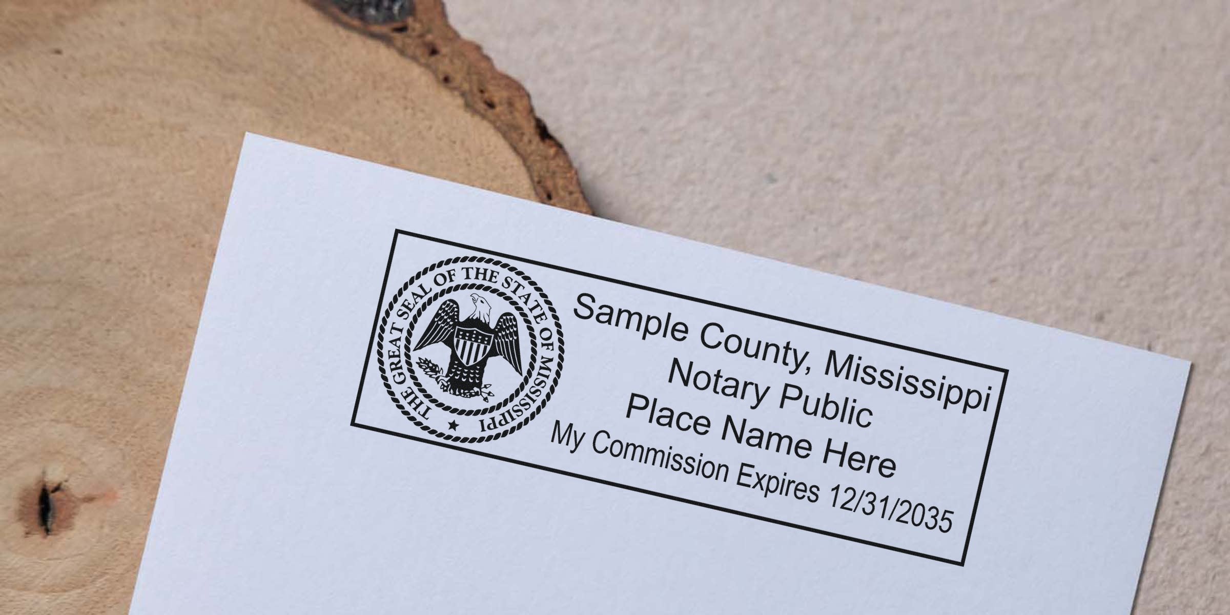 Mississippi notary stamp with the Great Seal and commission expiration date on white paper, symbolizing the top notary stamp in Mississippi.